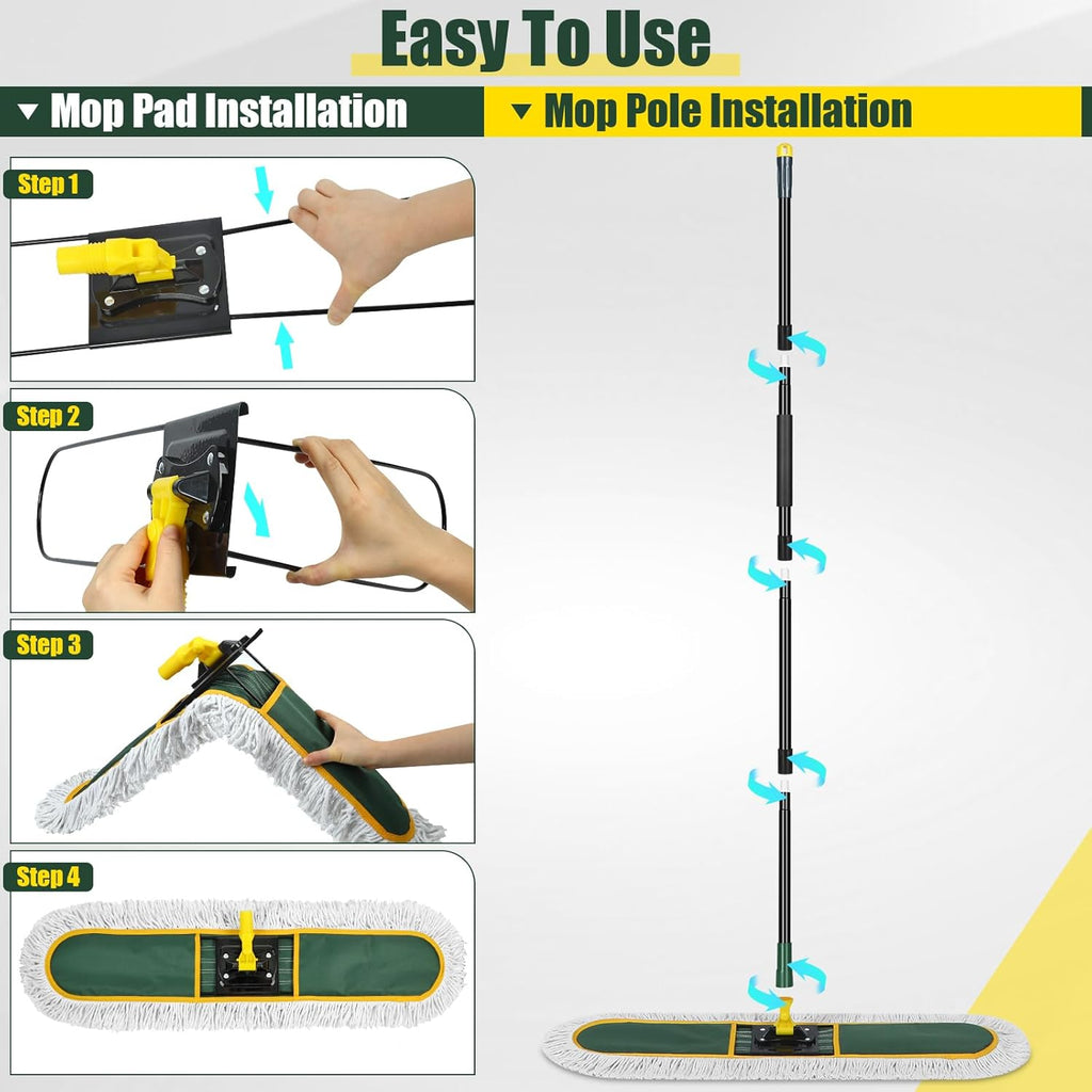 36" Commercial Dust Mop for Floor Cleaning with Replacement Mop Pads, Heavy Duty Industrial Large Floor Wet Dry Mop for Cleaning Office Garage Hardwood Warehouse Factory Mall