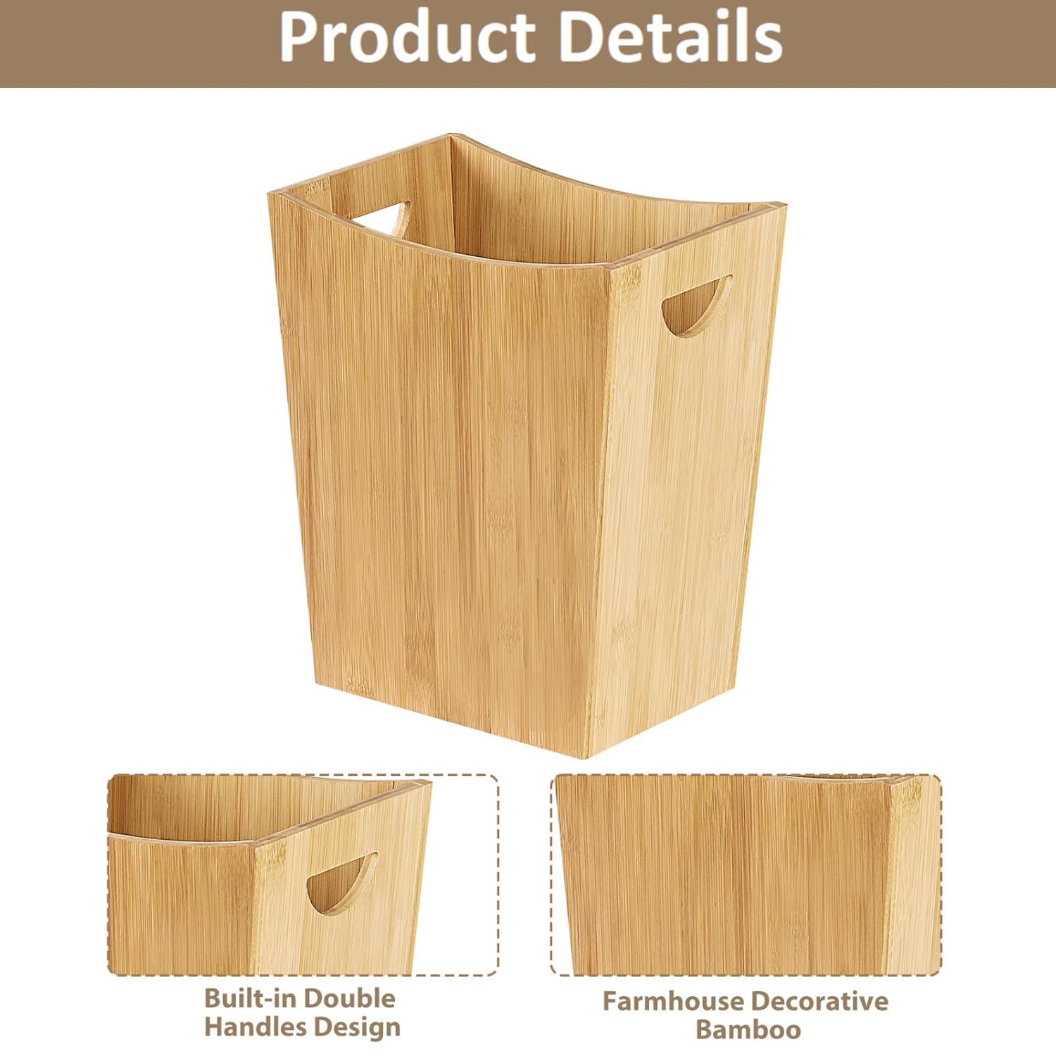 SEHERTIWY Wood Trash Can Wastebasket, 2 Gallon Small Waste Basket with 2 Handles, Rectangular Bathroom Garbage Can for Bathroom, Office, Living Room, Bedroom, Kitchen