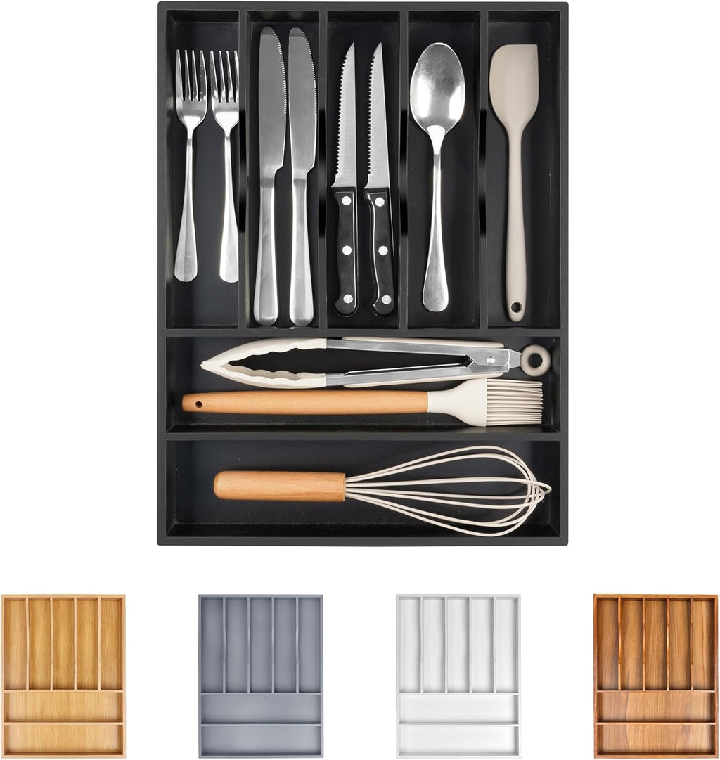 Bellsal Bamboo Silverware Drawer Organizer, Utensil Kitchen Drawer Organizer, Utensil Holder Cutlery Tray with Grooved Drawer Dividers for Kitchen Utensils and Flatware Bedroom Office (7 Slot, Black)