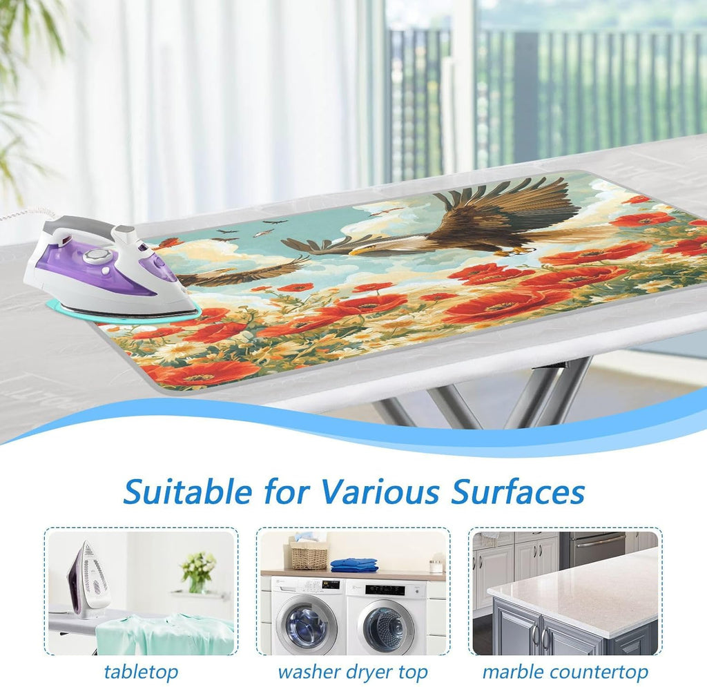 Vivid Poppy Wildflowers and Eagles Ironing Mat Thickened Ironing Blanket Travel Portable Double-Side Using Ironing Pad Travel Isolate Heat Pad Cover for Washer Dryer Table Top Countertop 27.6x4