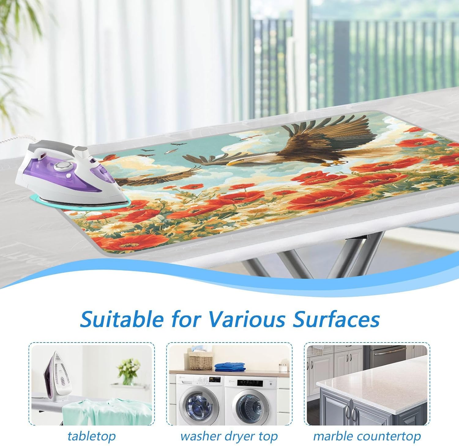 Vivid Poppy Wildflowers and Eagles Ironing Mat Thickened Ironing Blanket Travel Portable Double-Side Using Ironing Pad Travel Isolate Heat Pad Cover for Washer Dryer Table Top Countertop 27.6x4
