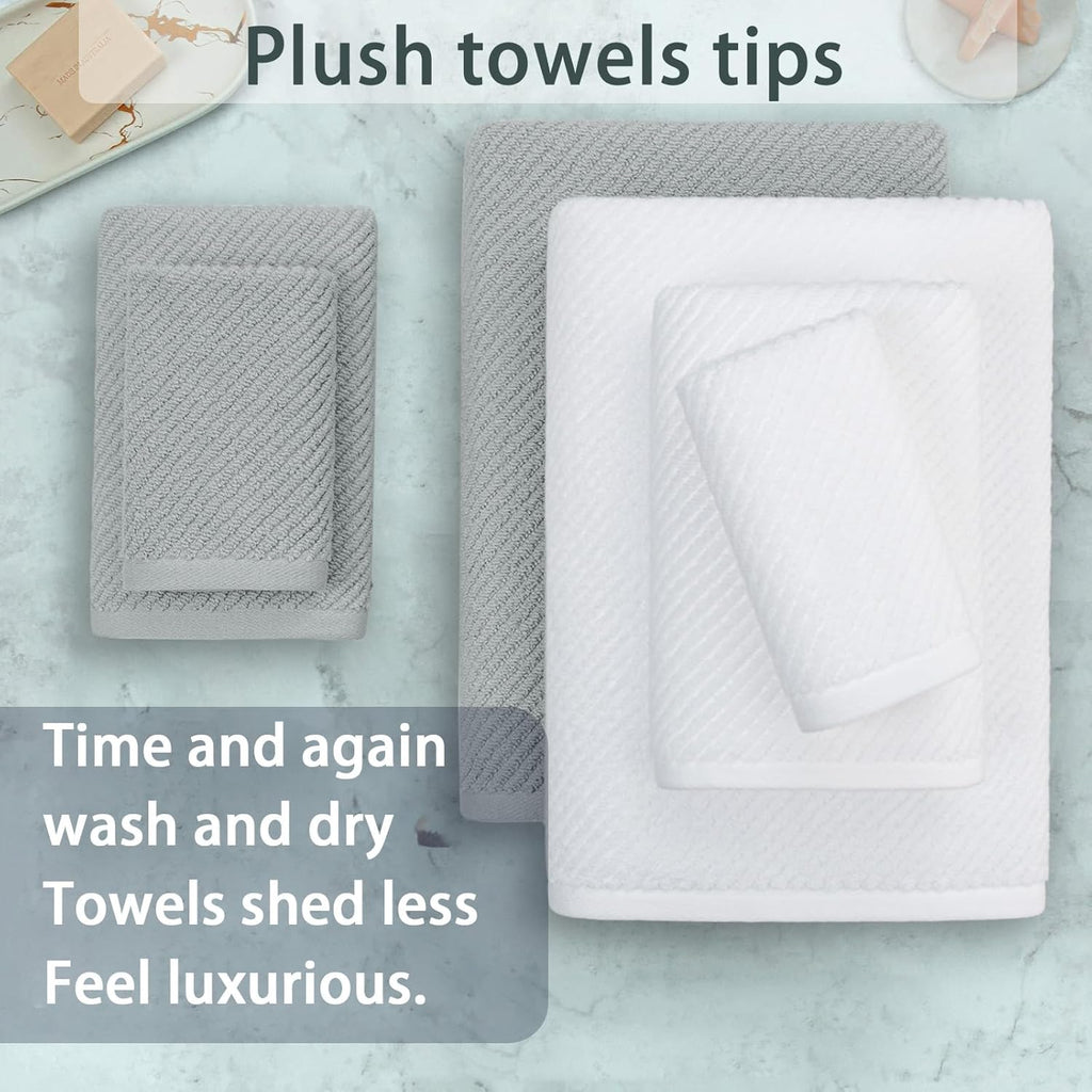 VOOVA & MOVAS Bathroom Towel Set - 100% Cotton | Soft | Quick Dry, Towel Set of 6, 2 Large Bath Towels 30"x56", 2 Hand Towels 18"x28", 2 Washcloths 13"x13", Bathroom Essentials, Grey and White