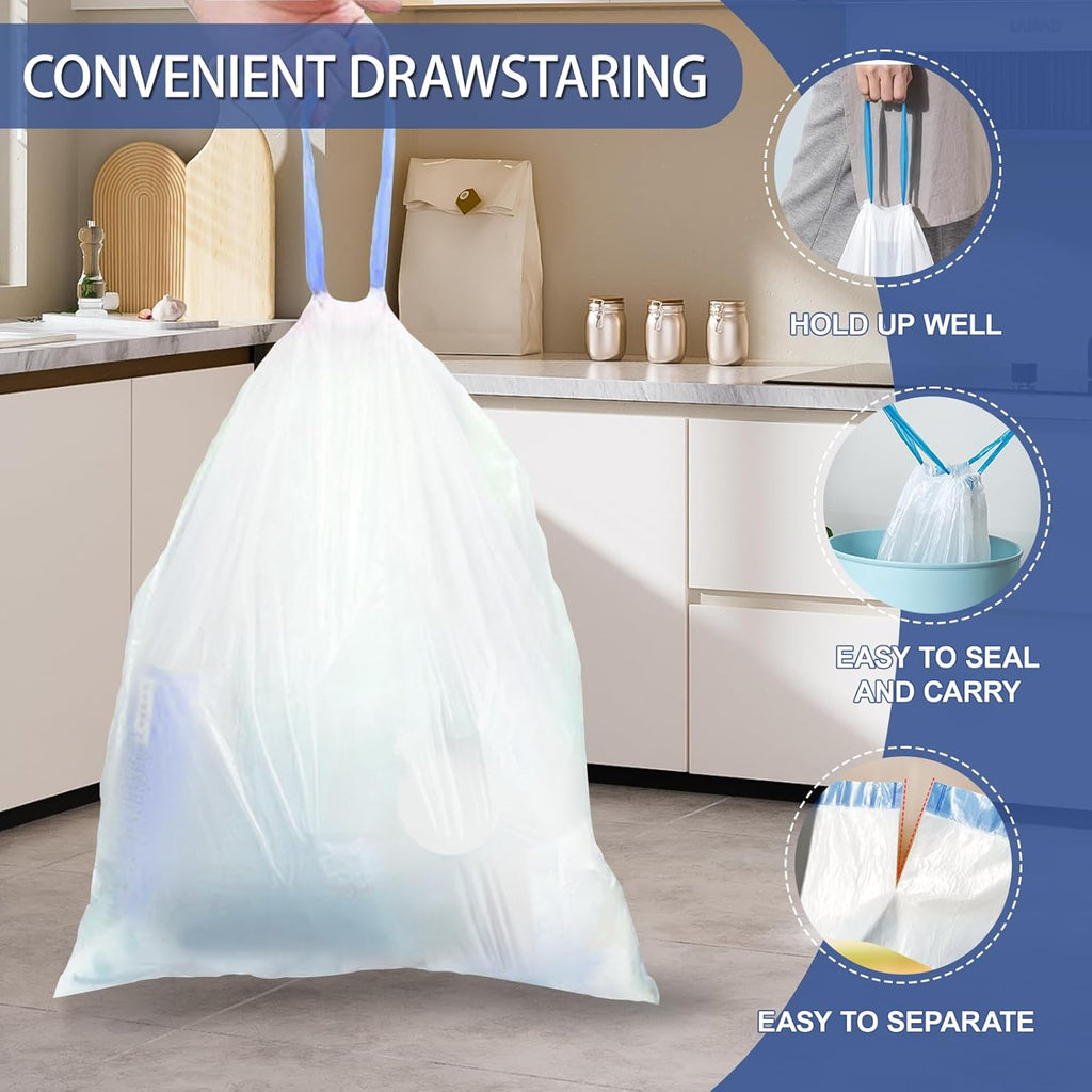 240 Count 4 Gallon Small Trash Bags Drawstring 1.1 Mil - White Garbage Bags Unscented for Bathroom, 15 Liter Thick Plastic Wastebasket Liners for Toilet Home Office and Bedroom
