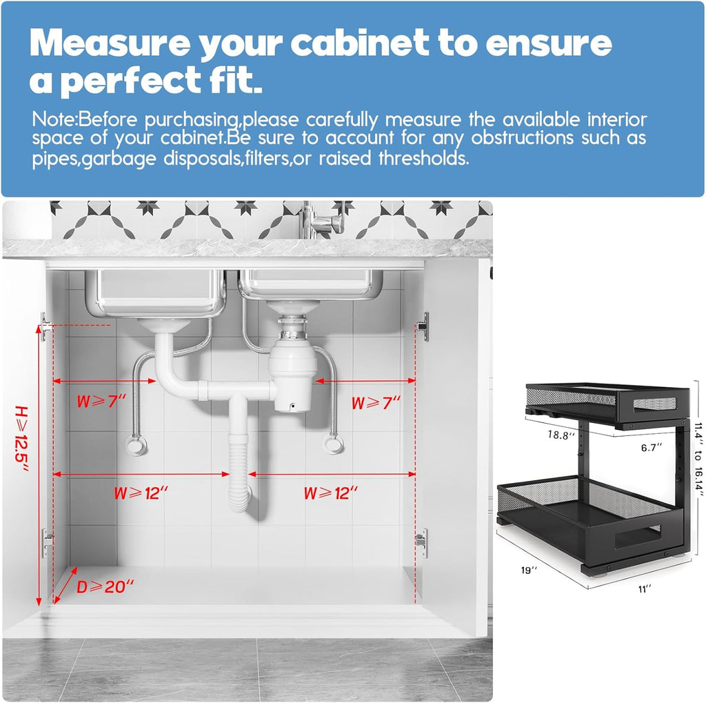 2 Pack 19IN Depth Under Sink Storage Organizer, Large 2-Tier Elegant Mesh Pull Out Shelf for Kitchen and Bathroom Cabinet Organization, L-Shaped and Adjustable Height Design-Black