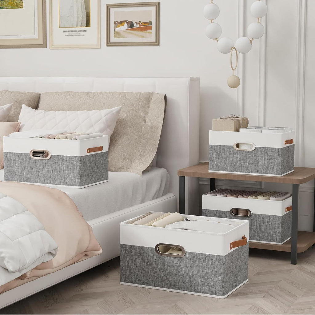 Yawinhe Foldable Storage Baskets for Shelves, Fabric Closet Organizers, Bins with 3 Handles, Cubes for Clothes, White/Grey, 15''Lx9.8''Wx8.3''H, 4-Pack
