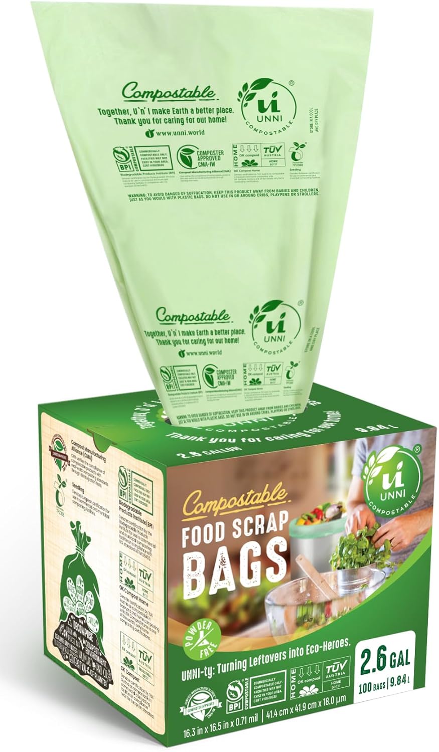 UNNI Compostable Trash Bags, 2.6 Gallon / 9.84 Liter, 200 Count, Extra Thick 0.71 Mil Small Kitchen Food Scrap Bin Liners, Certified by BPI, CMA & OK compost HOME, Meets the ASTM D6400 Standard