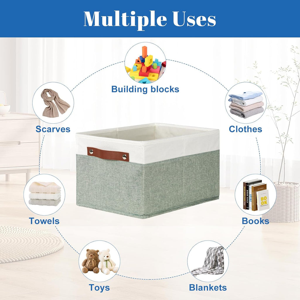 Temary Storage Bins Storage Baskets 4Pack Fabric Storage Bins for Shelves with Dual Leather Handles Canvas Storage Boxes for Organizing Home, Shelf, Closet (White&Green)
