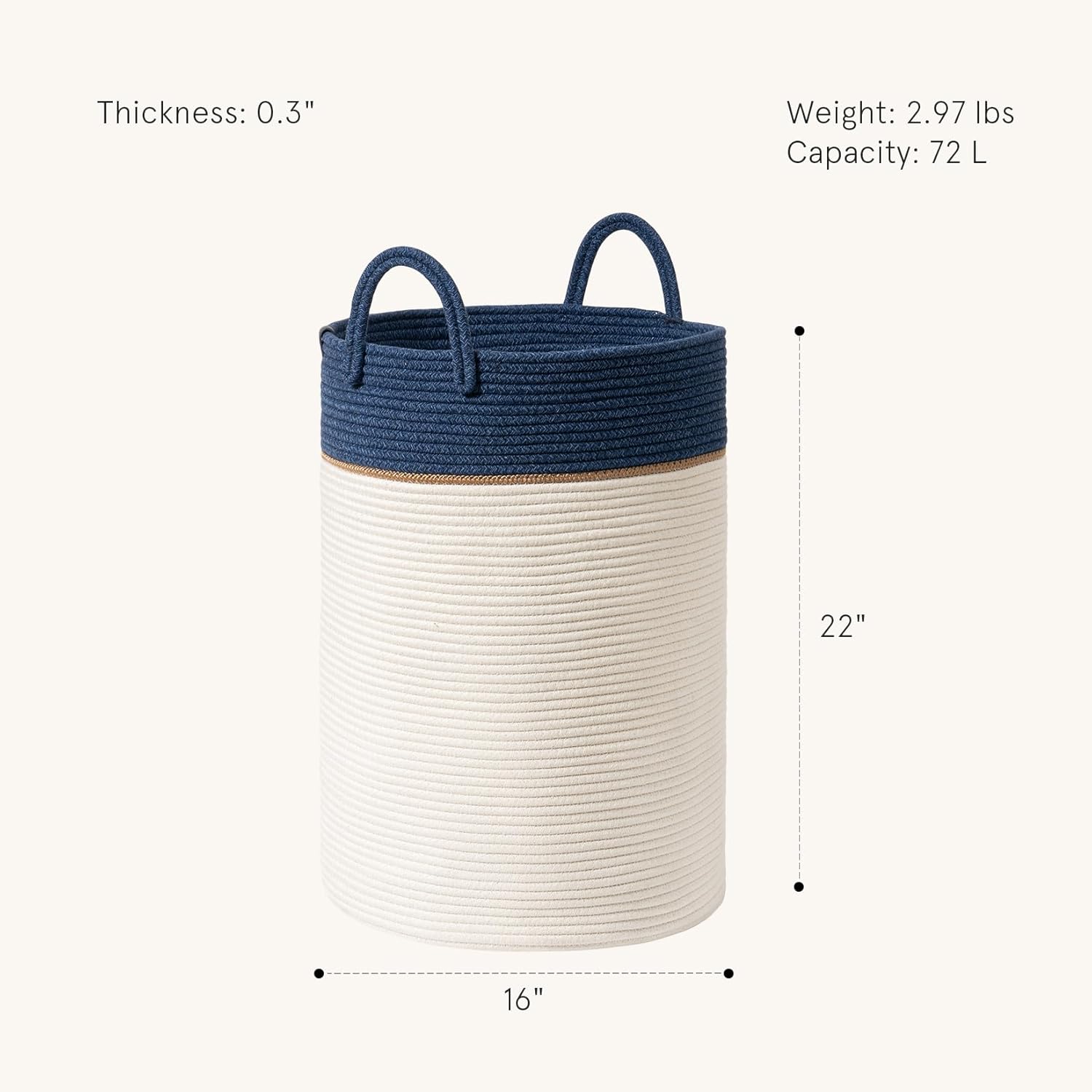 LA JOLIE MUSE Woven Basket Rope Storage Baskets - Large Cotton Organizer, Basket for Baby Blanket, Kids Toy Nursery Laundry Basket Navy Blue XL