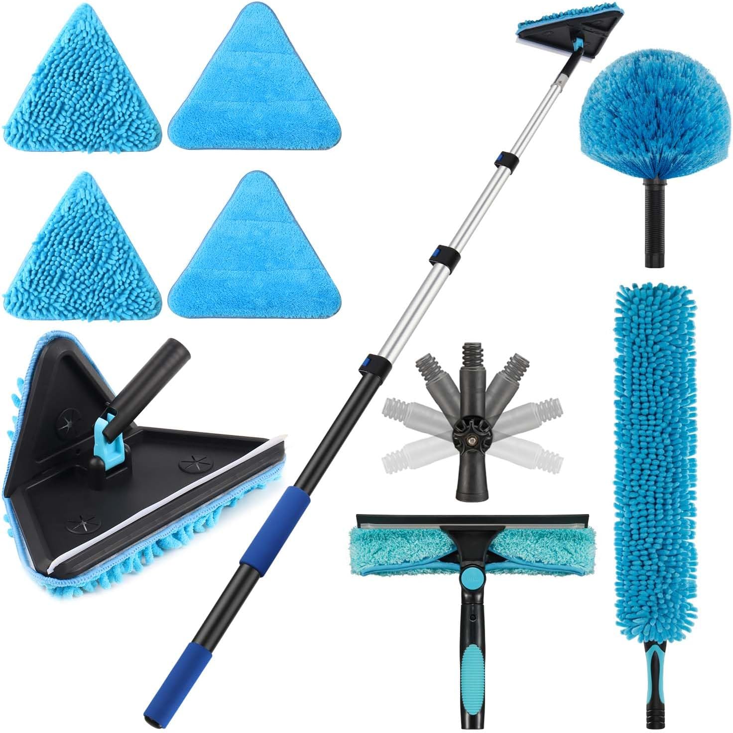 16 Feet High Ceilings Baseboard Wall Cleaner Mop with 8 Ft Extension Pole, Cobweb Duster, Window Cleaning Squeegee Kit (8ft)