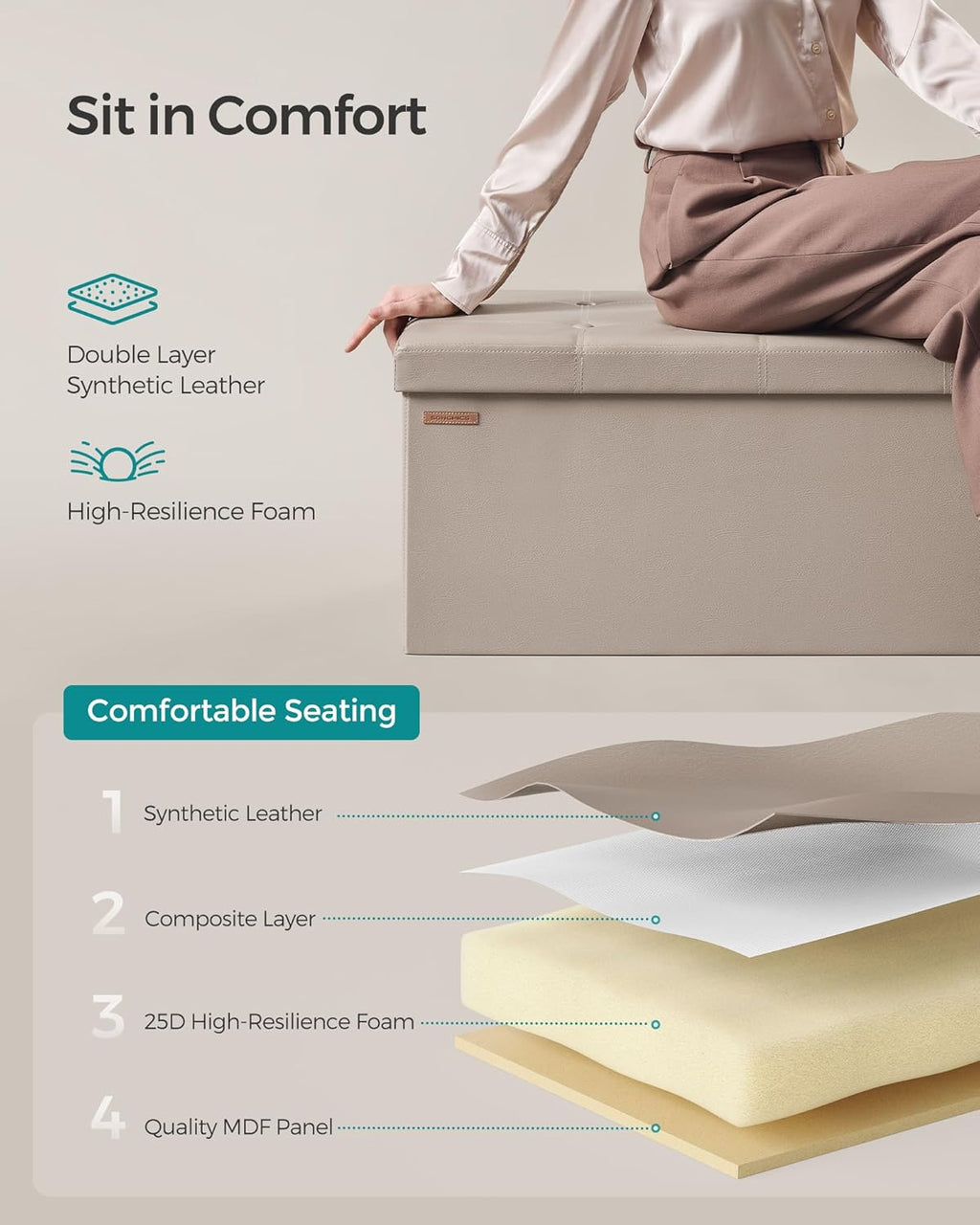 SONGMICS Mazie Collection - 43 Inches Folding Storage Ottoman Bench, Ottoman with Storage, Foot Rest Stool, Load 660 lb, for Living Room, Synthetic Leather, Camel Brown ULSF070K03