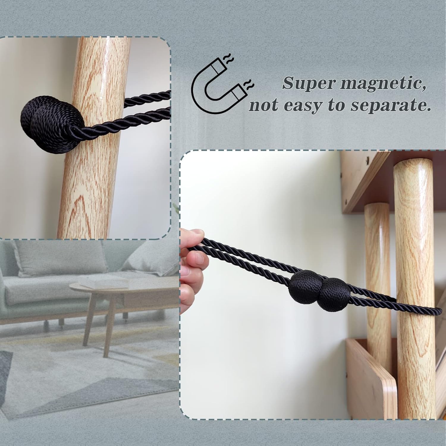 Hion Magnetic Curtain Tiebacks Grey 2pcs, Curtain Tiebacks Buckles Holdbacks Holders Hooks Clip for Home Bedroom Office Decorative Curtain