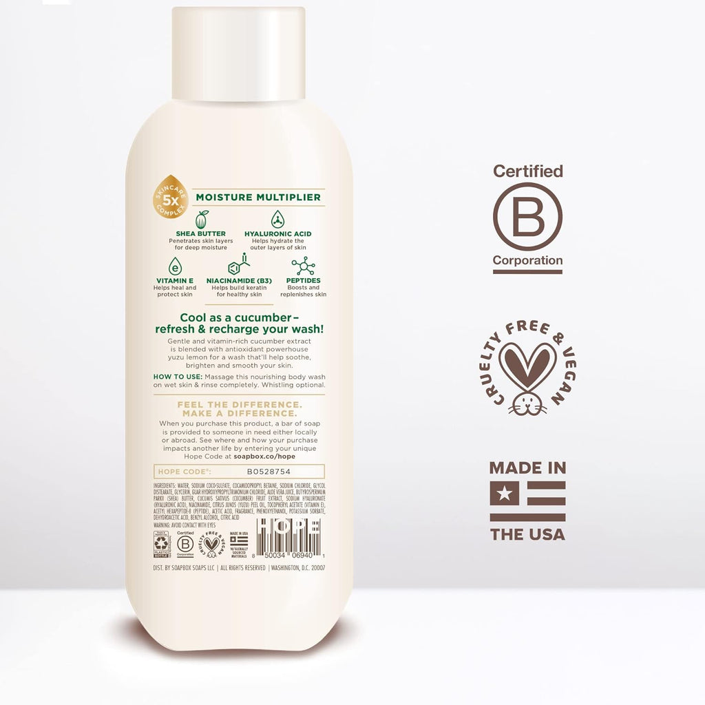 Soapbox Cucumber + Yuzu Lemon Body Wash for Women, Men, Vegan + Antioxidant Rich, Soothing, Moisturizing Soap with Shea Butter, Peptides & Keratin Promoting B3, 3 Pack, 20oz Each