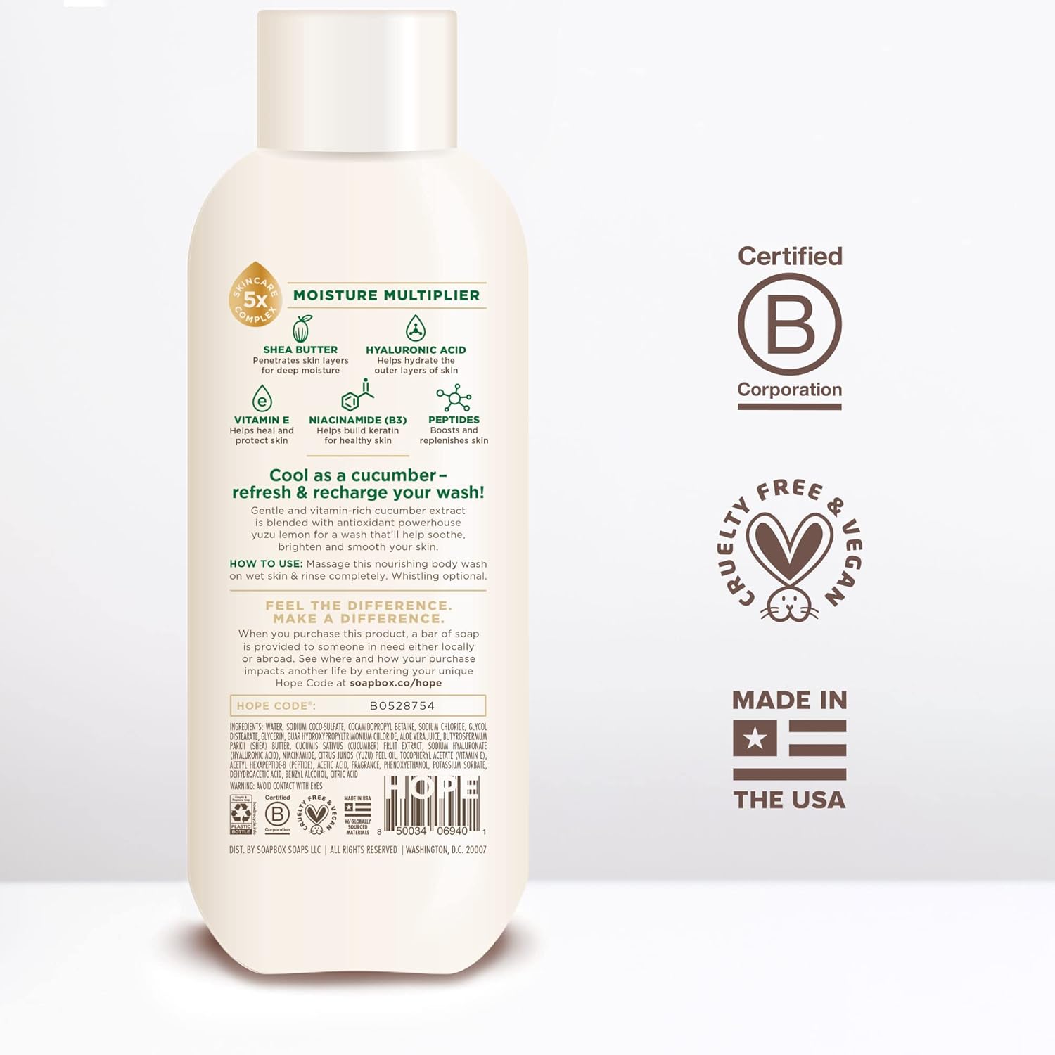 Soapbox Cucumber + Yuzu Lemon Body Wash for Women, Men, Vegan + Antioxidant Rich, Soothing, Moisturizing Soap with Shea Butter, Peptides & Keratin Promoting B3, 3 Pack, 20oz Each