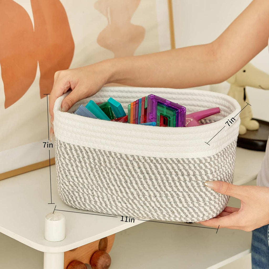 Small Cotton Rope Basket – Storage Bin for Organizing (10.6" x 6.7" x 6.7"), Bathroom Storage Basket for Shelf, Counter & Closet（White & Mixed Grey）