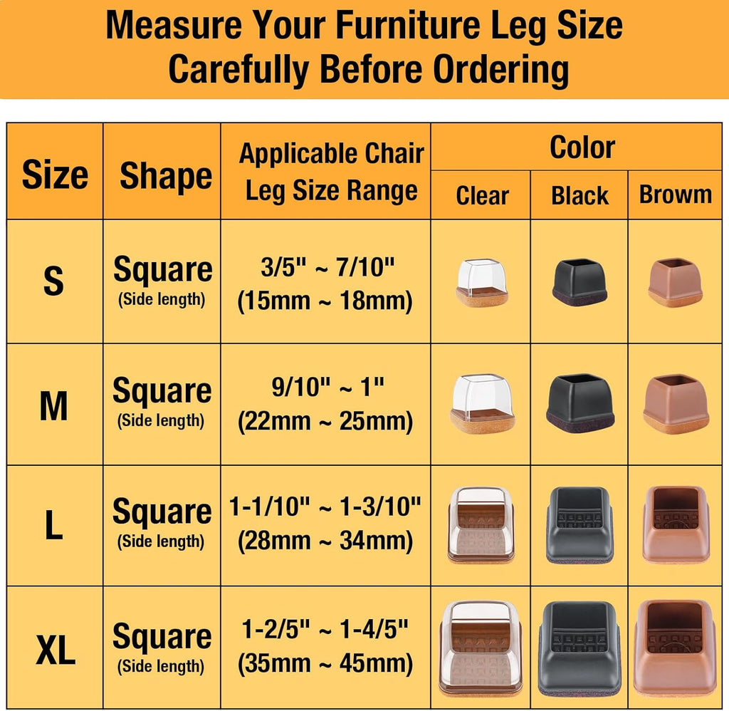 32 Pcs Chair Leg Floor Protectors Square, Silicone Chair Leg Protectors for Hardwood Floors, Chair Leg Caps Covers Protect Wooden Floors from Scratching, Thick, Won't Tear (Fit: 9/10" - 1")