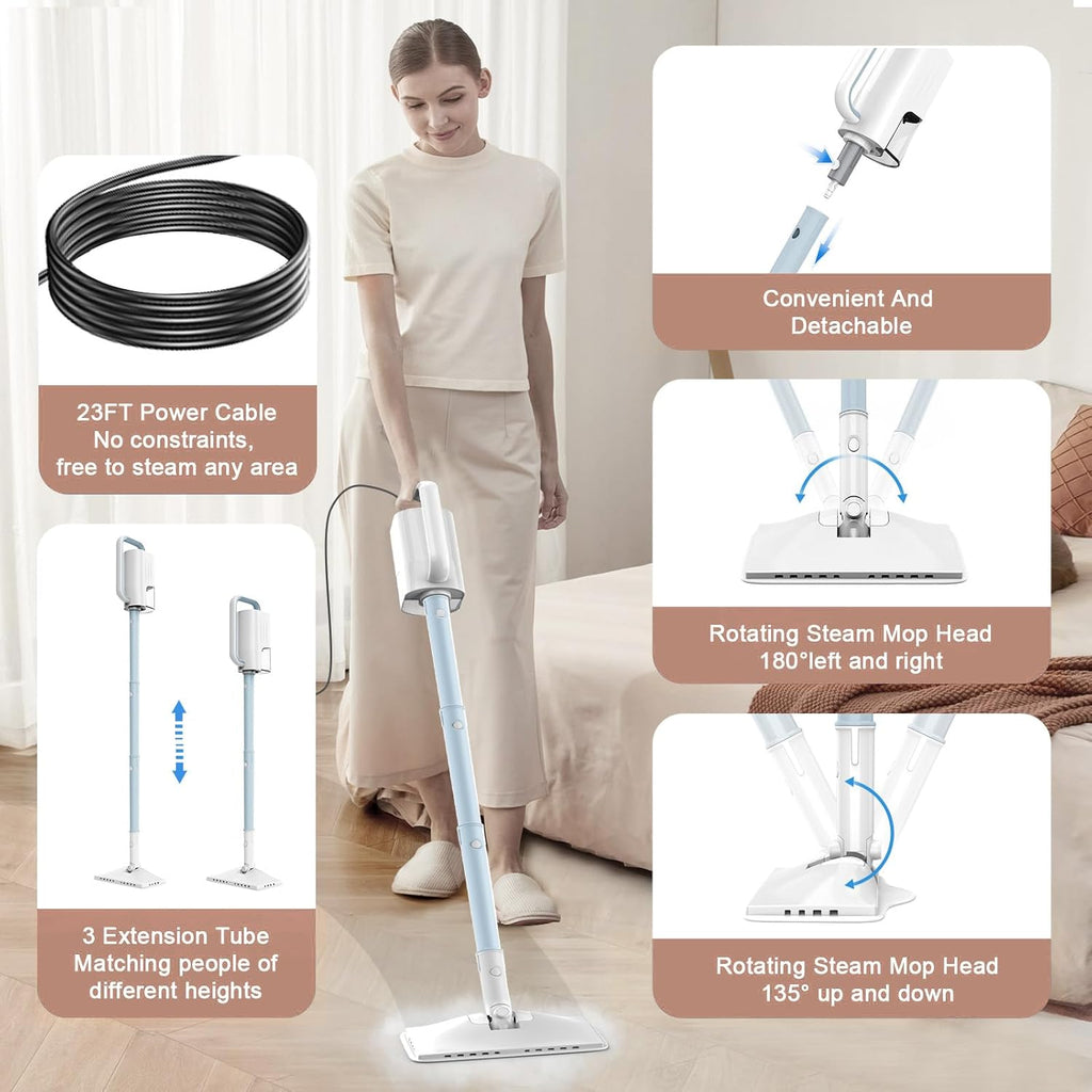 Steam Mop Cleaner, 7 in 1 Rotated Steam Cleaner for Home, Adjustable 2 Modes Steam Mop with 23FT Power Cable and 400ML Removable Tank, Hard Floor, Laminate Floor, Tiles Cleaning (Emerald Blue)
