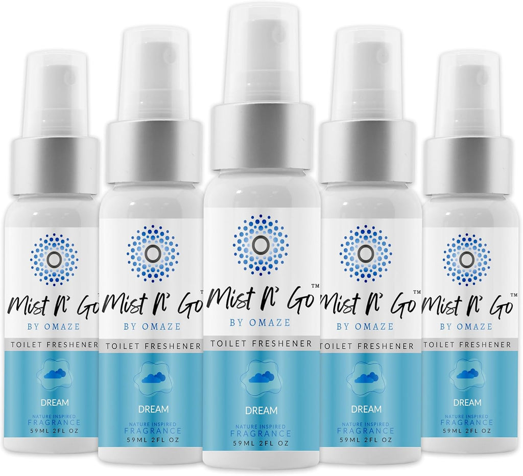Mist N’ Go by Omaze Travel Bathroom Spray for Toilet Spray Odor Eliminator - Travel Toilet Spray for Bathroom Air Freshener Spray for Bathroom Deodorizer - Dream Regular Size (2oz x5)