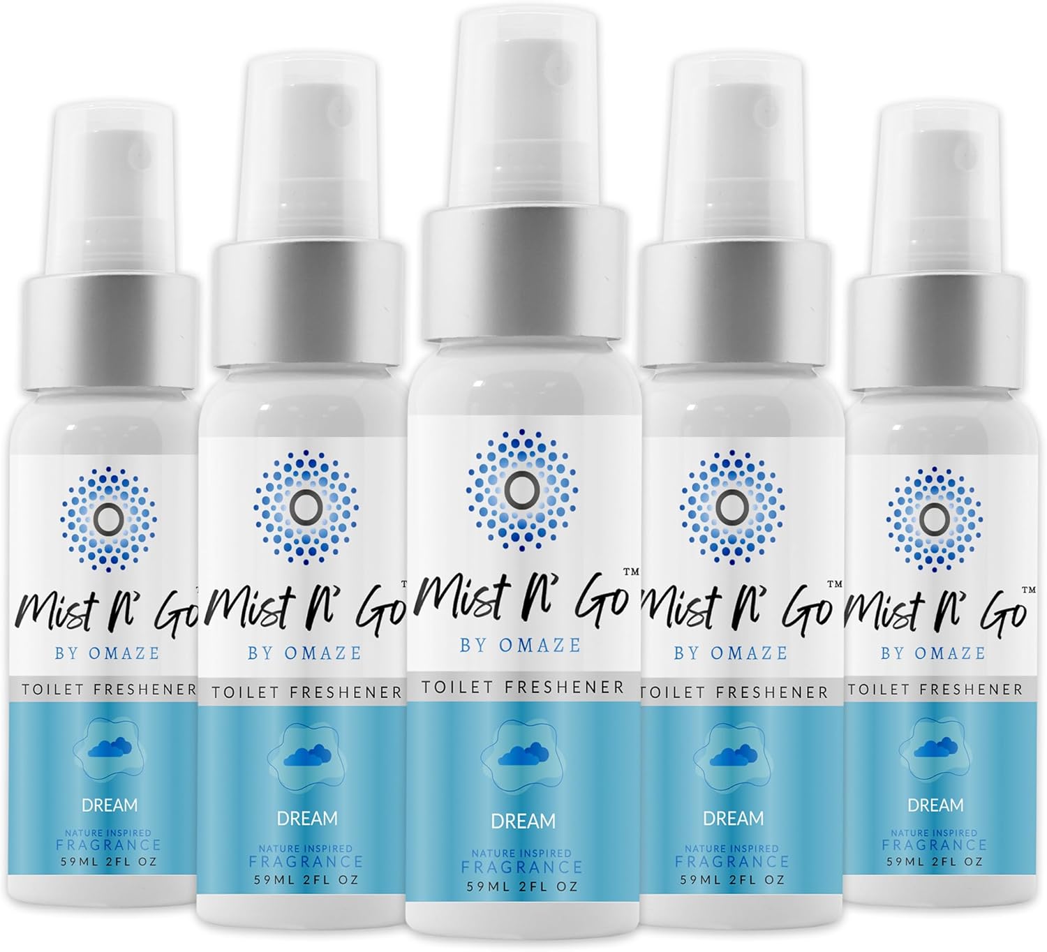 Mist N’ Go by Omaze Travel Bathroom Spray for Toilet Spray Odor Eliminator - Travel Toilet Spray for Bathroom Air Freshener Spray for Bathroom Deodorizer - Dream Regular Size (2oz x5)