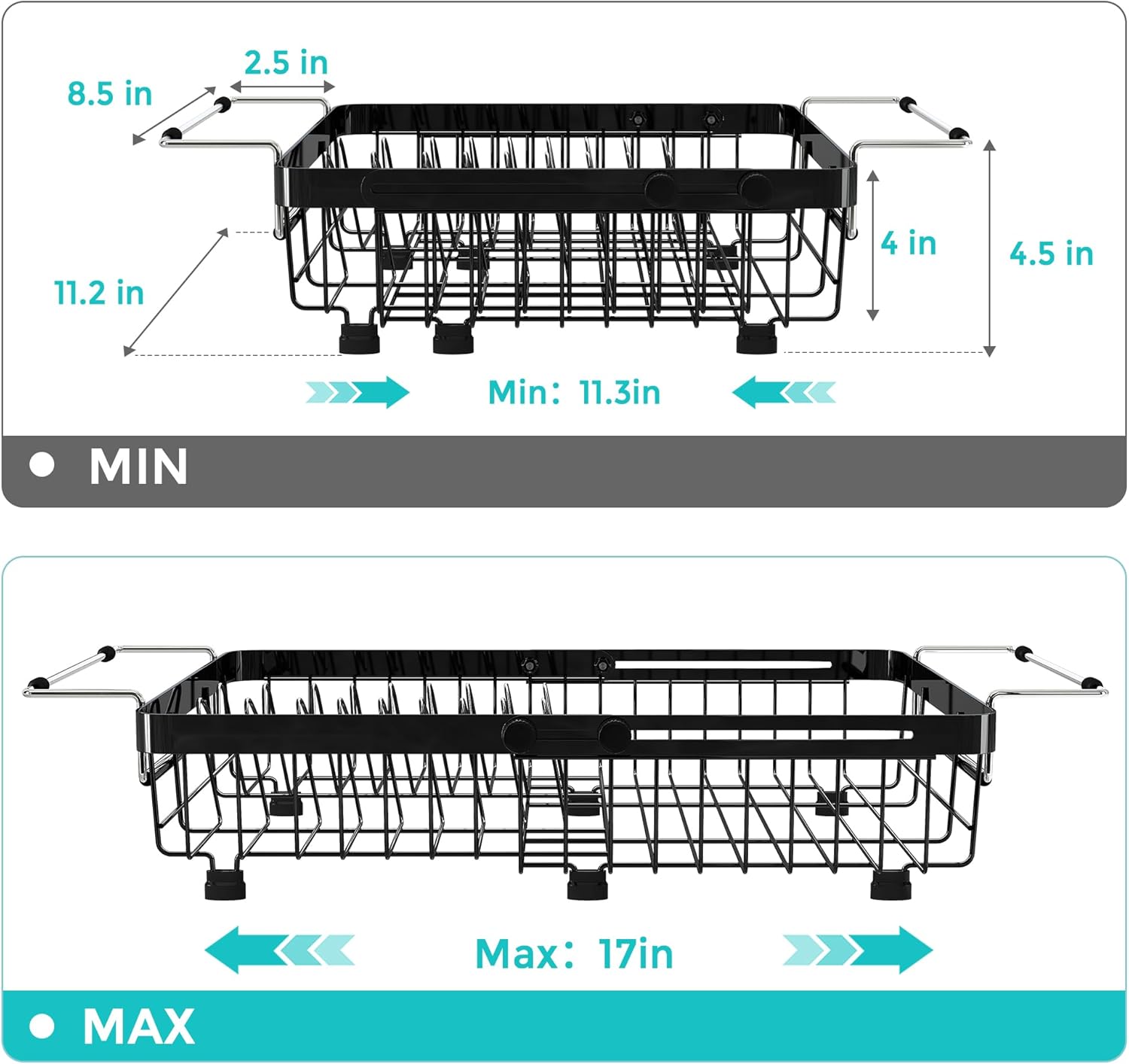 Small Expandable Over The Sink Dish Drainer Drying Rack In Stainless Steel Metal For Kitchen, Counter Space Saving Black Compact Above Plate Dryer Strainer, Adjustable Hanging Inside Sink Drain Holder