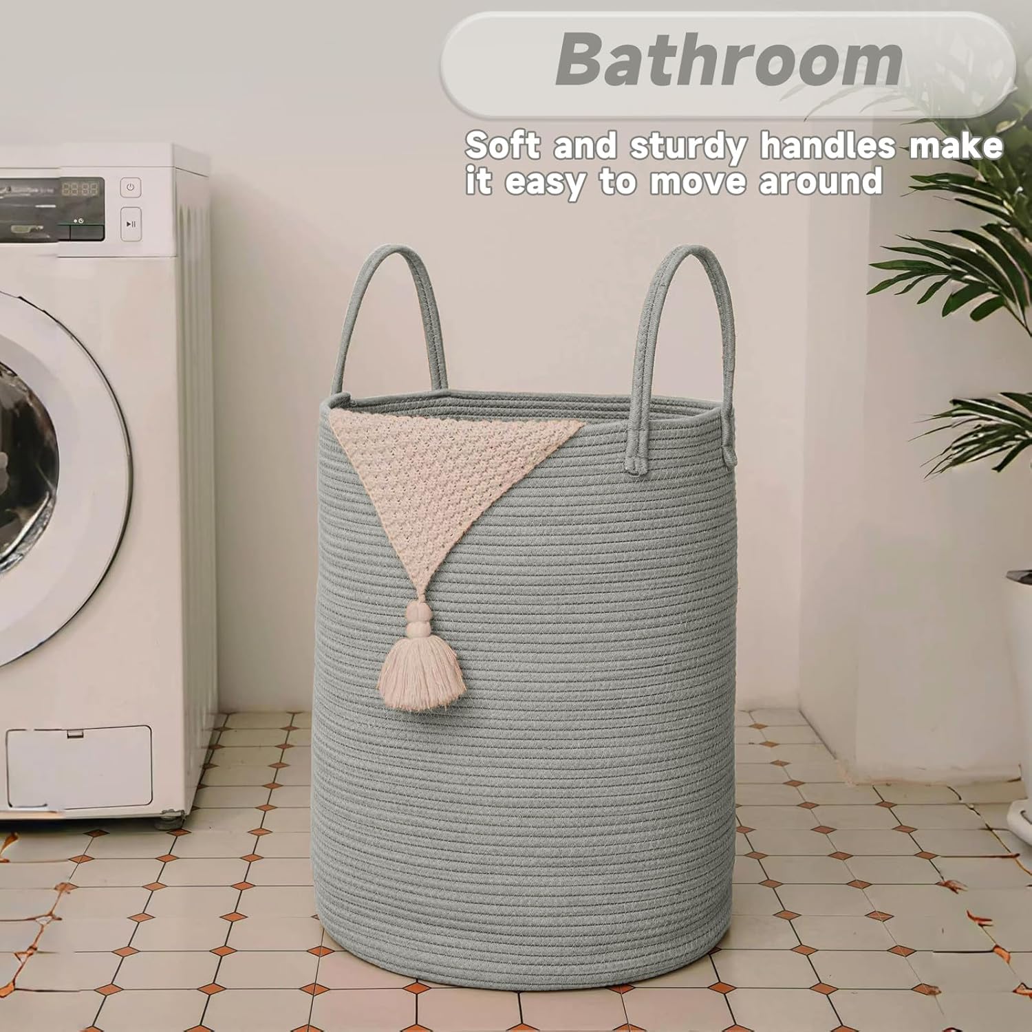 Large Woven Laundry Basket Hamper,60L Cotton Rope Storage Bin for Blankets,Toys and Clothes,Decorative Tall Nursery Hamper for Living Room,Baby Nursery,Bathroom and Bedroom,Grey