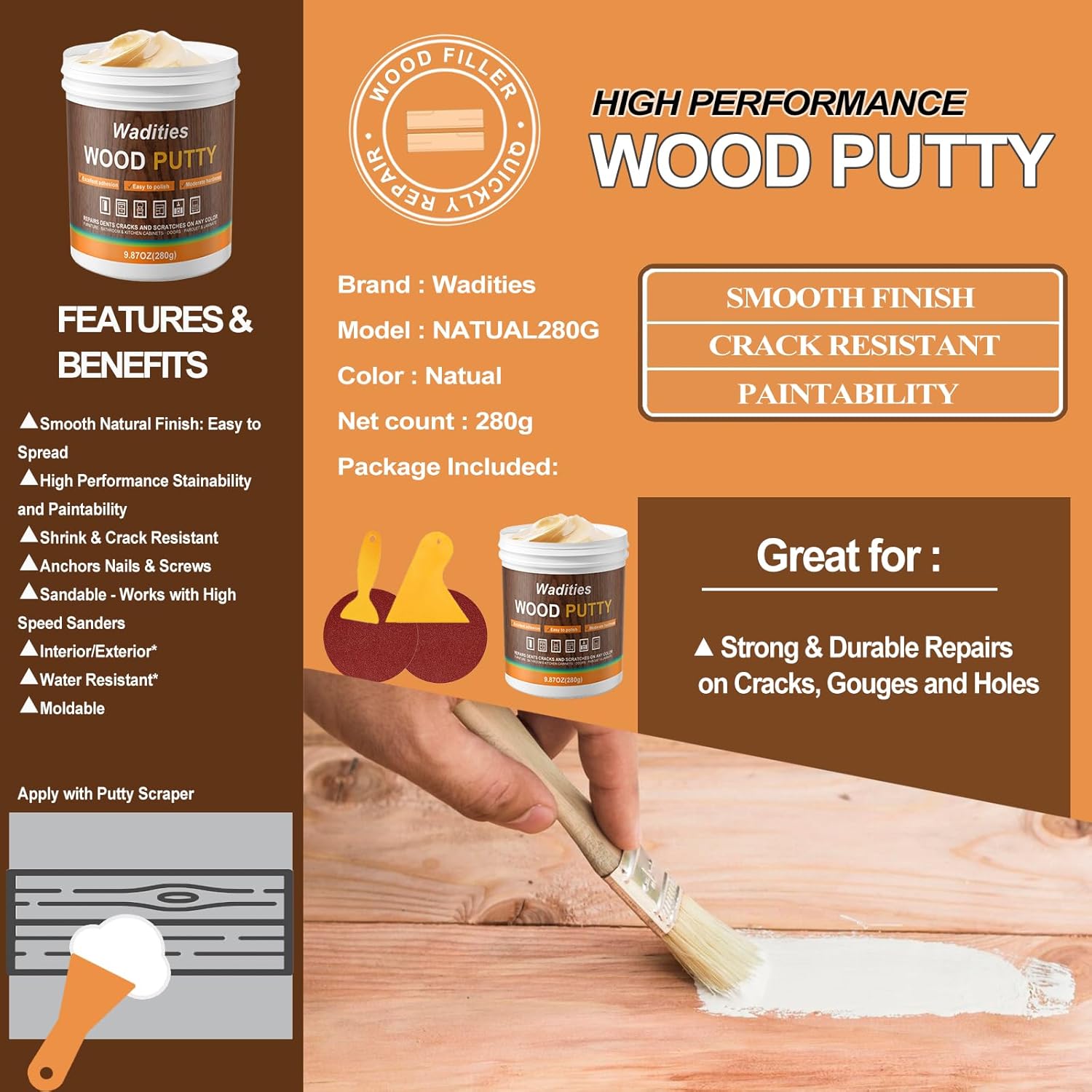 Natual Wood Filler, Natual Wood Putty, Paintable Stainable Wood Repair Putty, 9.87 Ounce Wood Furniture Repair kit, Quickly Repair Wood Cracks and Holes on Wooden Floor Furniture (Natual)