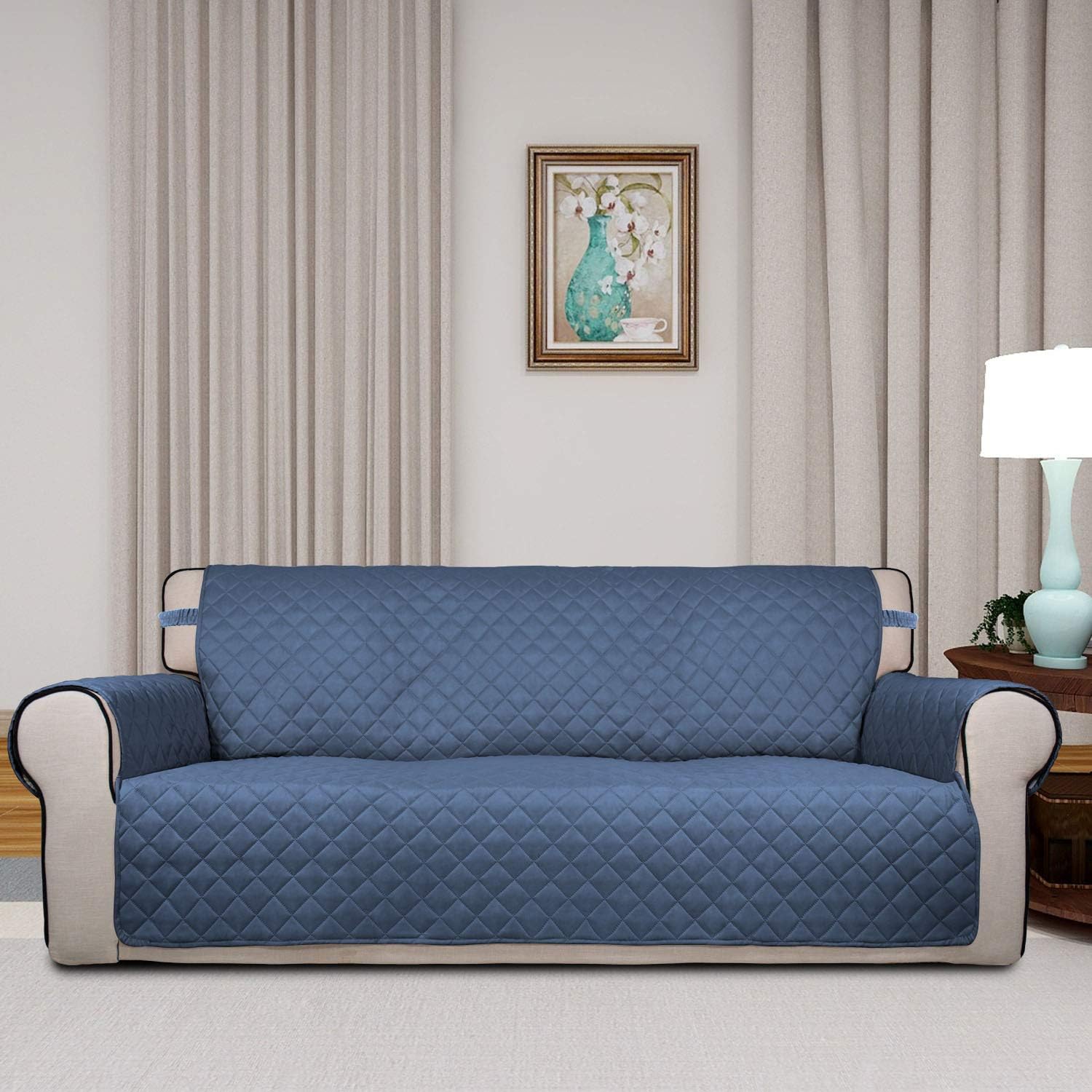 PureFit Reversible Quilted Sofa Cover, Water Resistant Slipcover Furniture Protector, Washable Couch Cover with Non Slip Foam and Elastic Straps for Kids, Pets (X Large, DarkBlue/LightBlue)