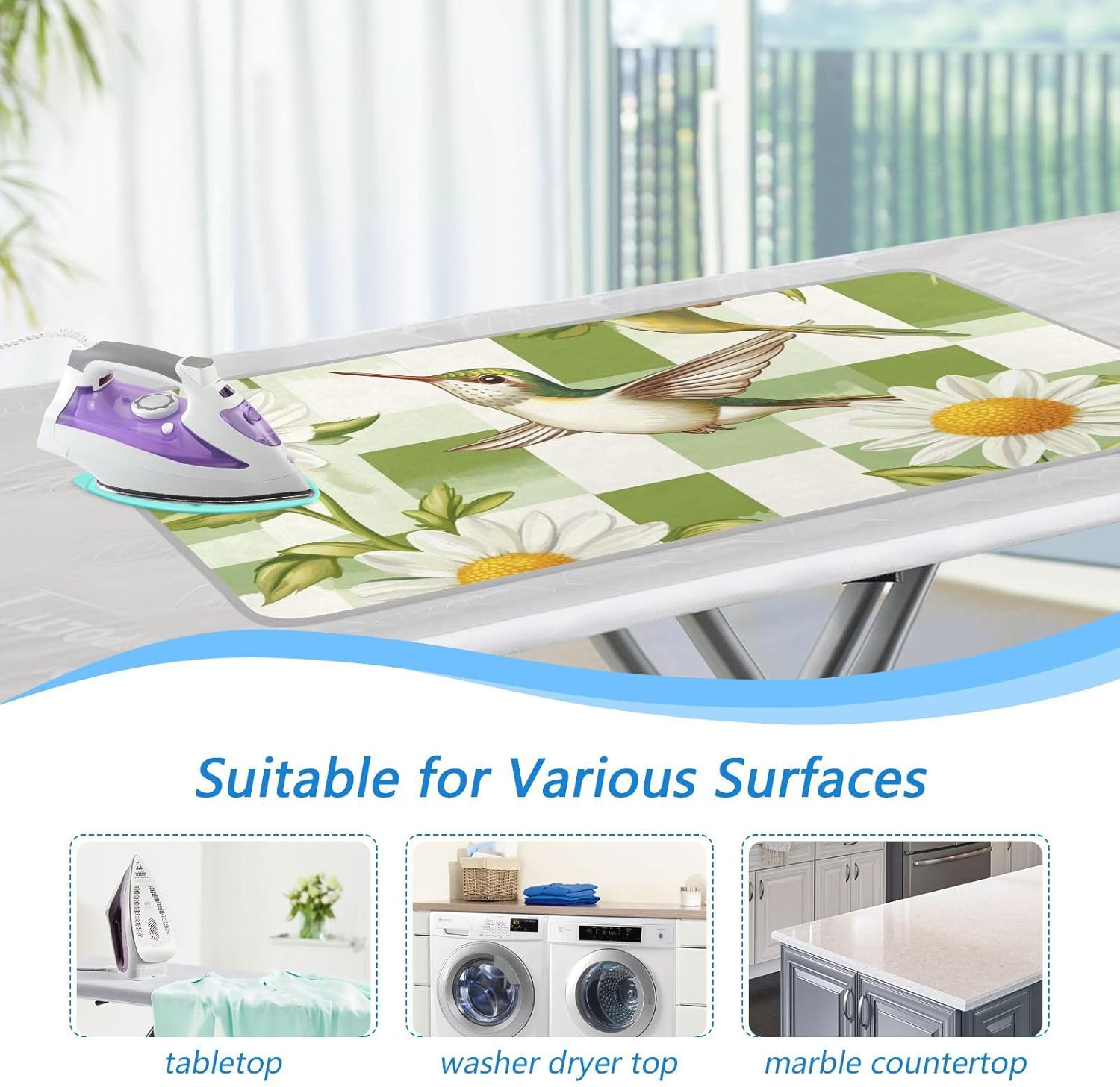 Ironing Mat Portable Ironing Pad Ironing Blanket for Table Top Heat Resistance Double-Side Using Travel Large 47.2 x 27.6 Inch Foldable Lightweight Checkered Green and White Hummingbirds