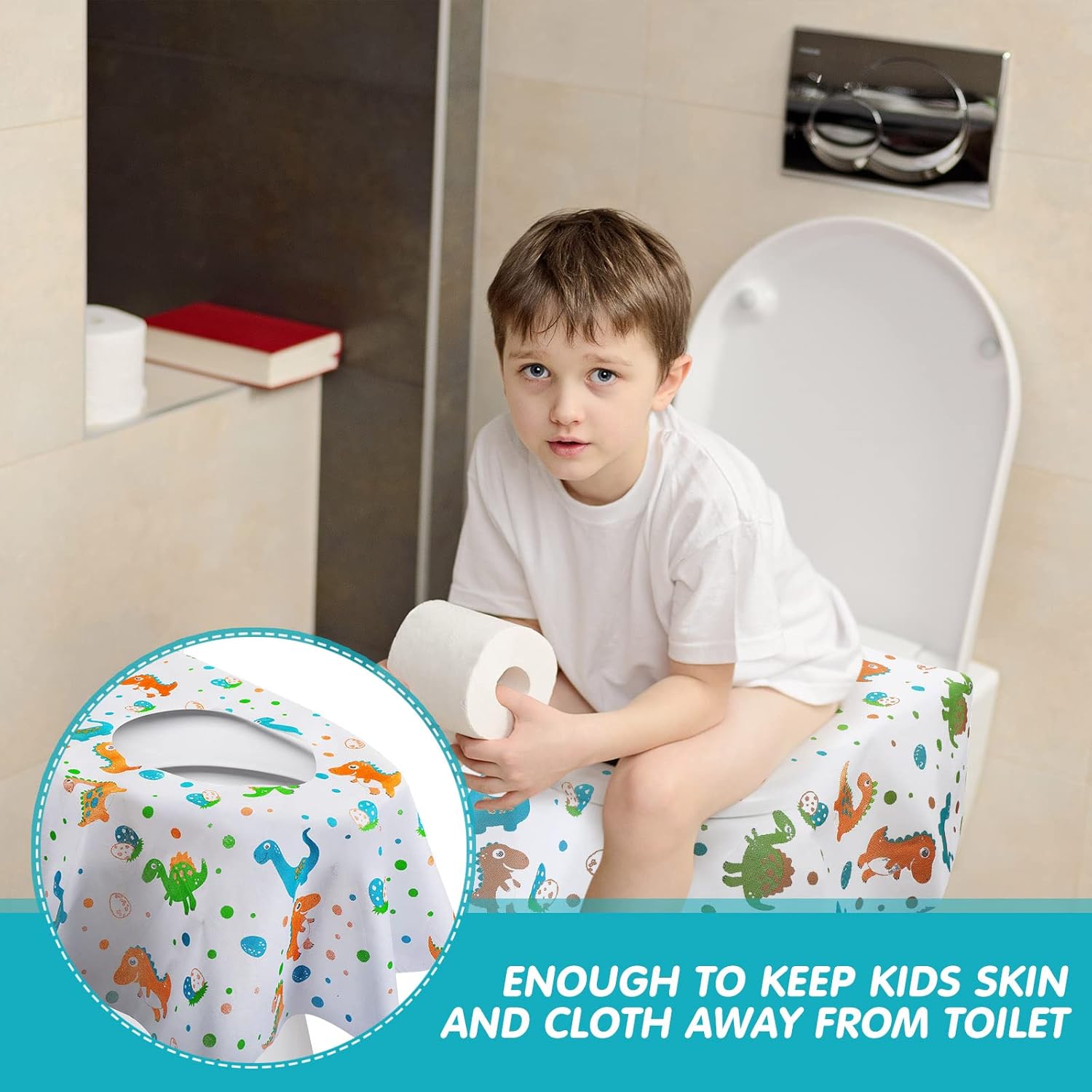 50 Packs Disposable Toilet Seat Covers Extra Large Individually Wrapped for Kids and Adults, Portable Non Slip Waterproof Potty Seat Covers for Toddlers Potty Training, Travel (Dinosaur)