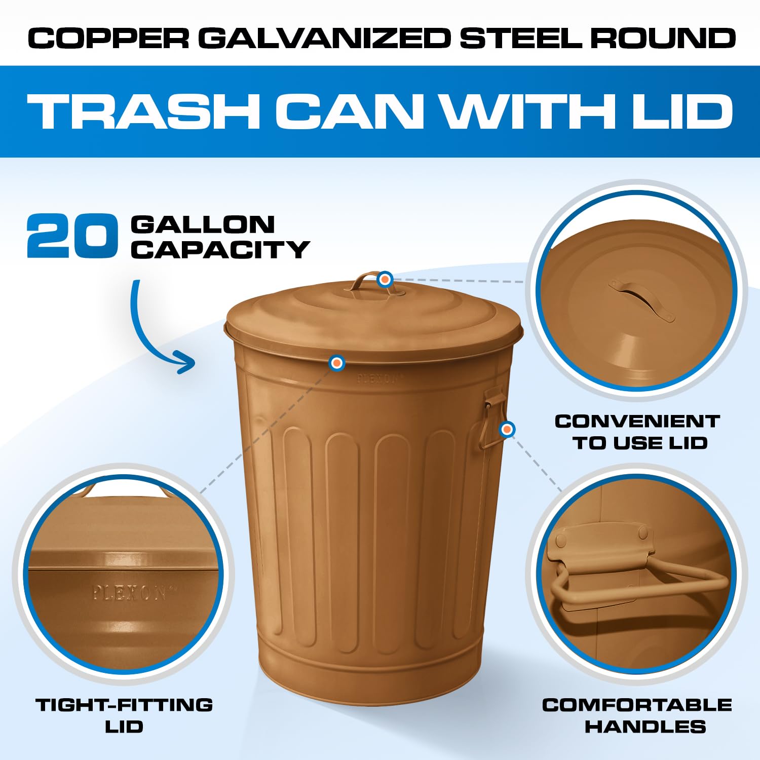 Plexon Round Trash Can 13 Gallon, Vintage Metal Outdoor Trash Can with Lid, Retro Farmhouse Garbage Container, Old School Modern Ash Bucket, Copper 3 Pack
