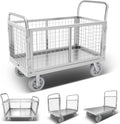 Platform Truck with Cage, 6 in1 Foldable Heavy Duty Steel Flatbed Cart, Large Utility Cart w/Industrail Solid Casters, Load 2000LBS Multi-Purpose Push Dolly for Grocery/Laundry/Stall/Warehouse