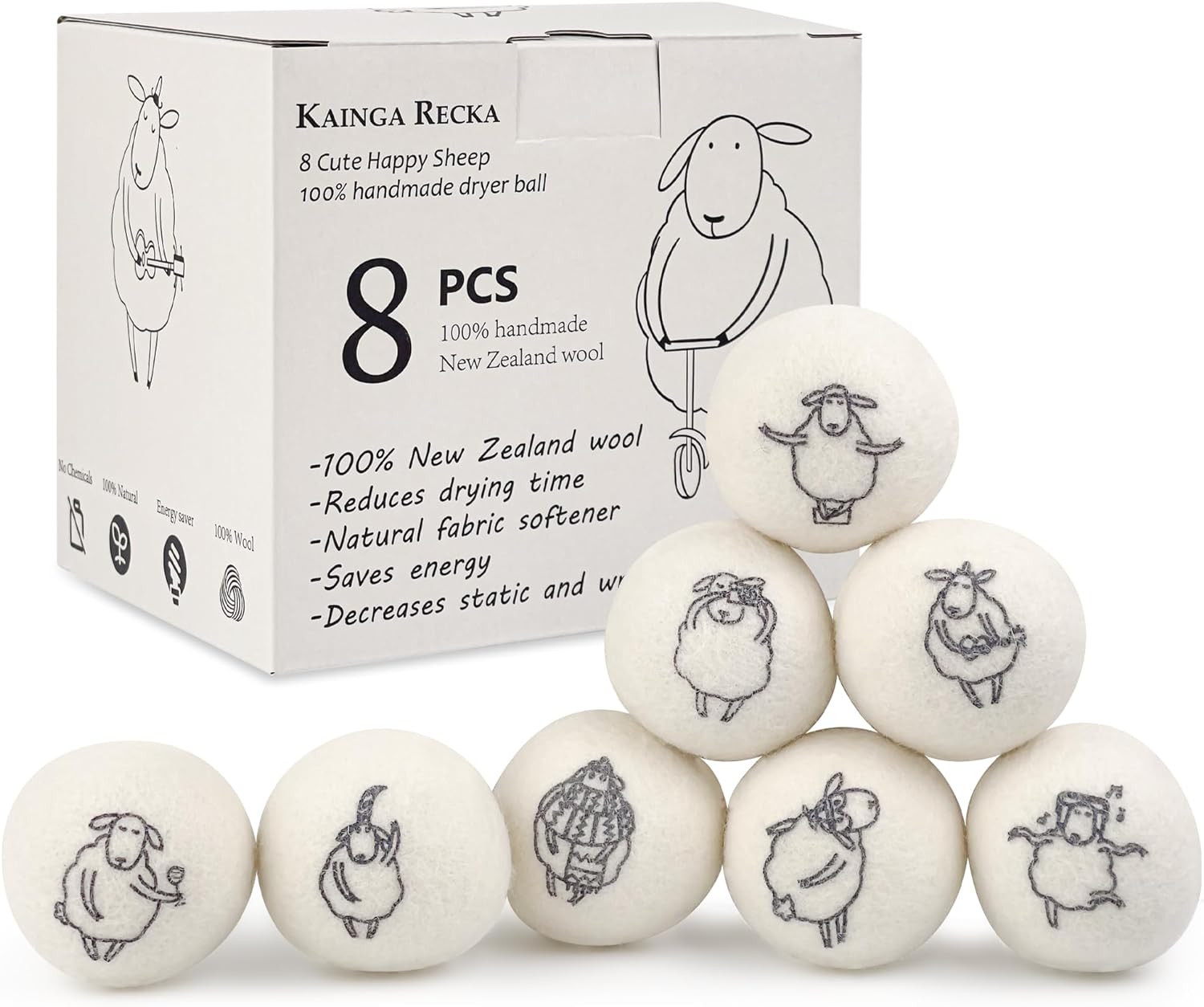 Wool Dryer Balls, 8PCS Dryer Balls with Happy Sheep - Natural & Organic, 100% New Zealand Wool Handmade, Chemical-Free Reusable Laundry Balls, Anti-Static Reduce Wrinkles and Save Time