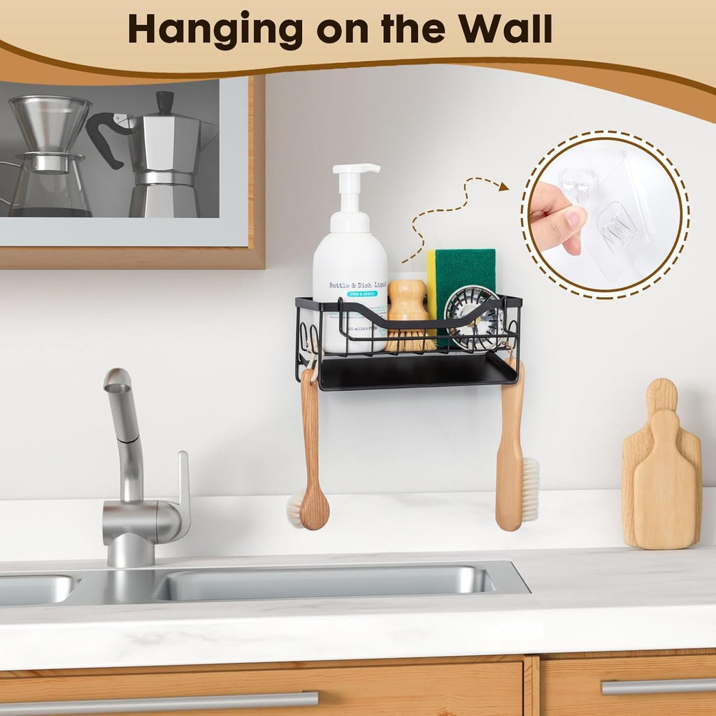 Sponge Holder for Kitchen Sink - Sink Caddy Organizer with Auto Drain Tray, Detachable Towel Rack, Stainless Steel Kitchen Counter Organizer Rack, Black