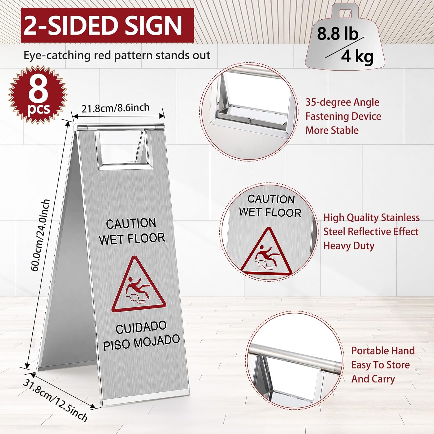 8 Pcs 24 Inch Stainless Steel Wet Floor Sign 8.8 Pound Caution Wet Floor Sign Bulk Double Sided Portable Foldable Bilingual Safety Warning for Kitchen Restaurant Restroom Avoid Fall (Silver)
