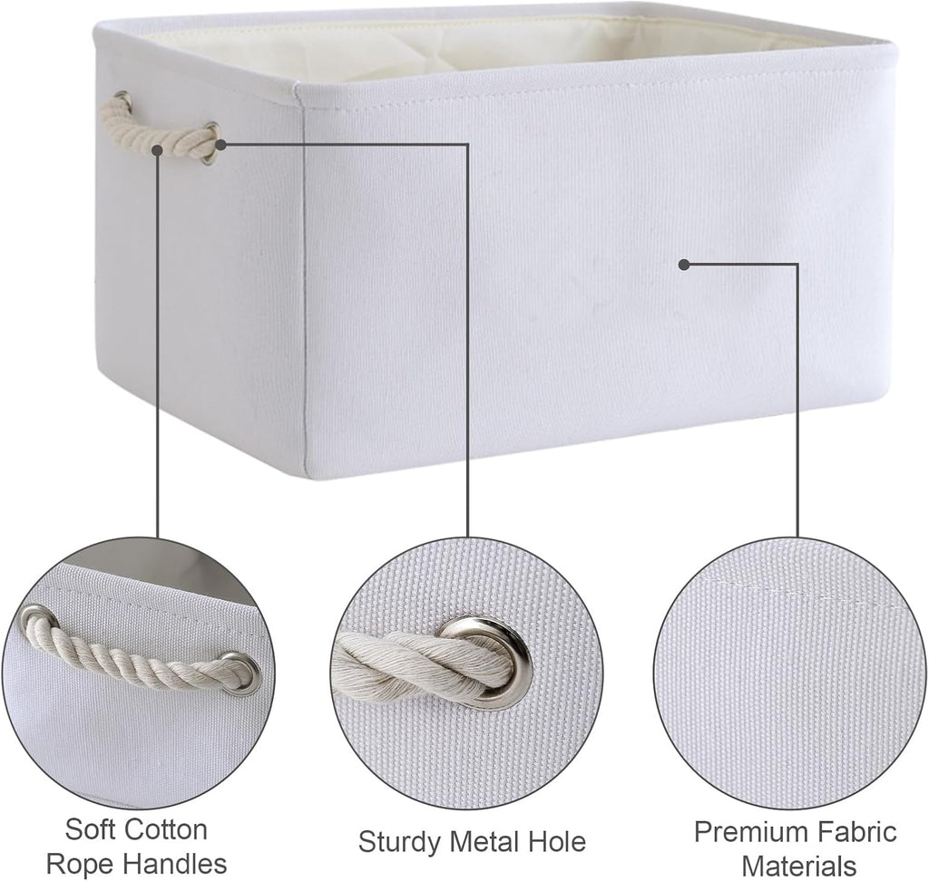 TheWarmHome Decorative Basket for Organizing - Medium-1Pack 13.8L*9.8W*6.7H Rectangular Fabric Storage Bin Organizer Basket with Handles for Clothes (White)