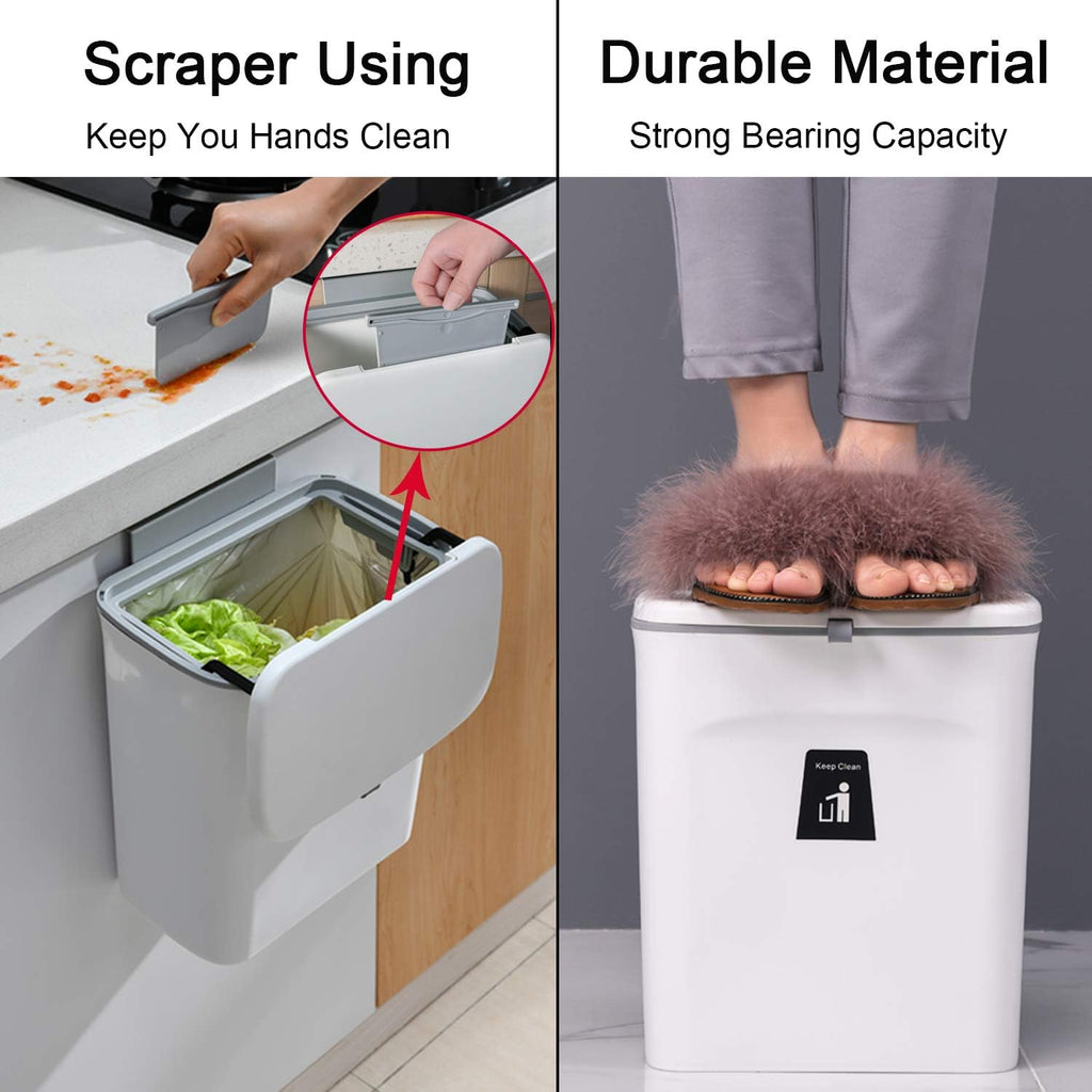 Tiyafuro 2.4 Gallon Kitchen Compost Bin for Counter Top or Under Sink, Hanging Small Trash Can with Lid for Cupboard/Bathroom/Bedroom/Office/Camping, Mountable Indoor Compost Bucket, White