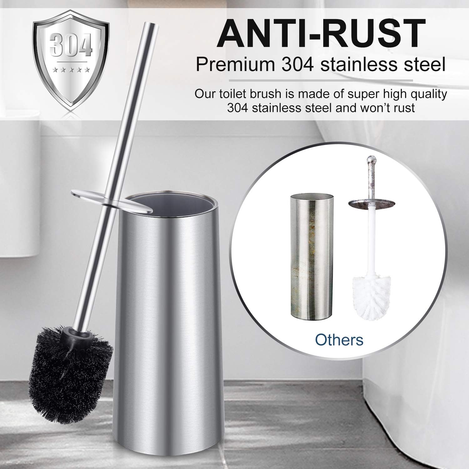 Toilet Brush and Holder, 2 Pack Toilet Brush with 304 Stainless Steel Long Handle, Toilet Bowl Brush for Bathroom Toilet-Ergonomic, Elegant,Durable (Silver)