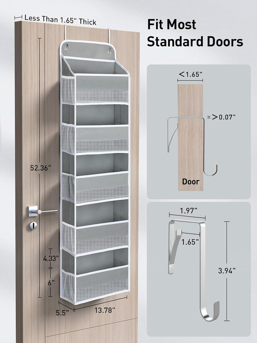 Yecaye 2 Pc Over The Door Organizer with 5 Bins 10 Side Pockets, 44lbs Load Hanging Bathroom and Bedroom Organizer, Behind The Door Hanging Organizers for Nursery Newborn Baby Essential Stuff Grey