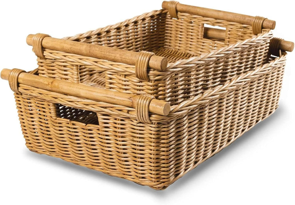 The Basket Lady Low Pole Handle Wicker Storage Basket, Large, 19.5 in L x 12.5 in W x 6 in H, Sandstone