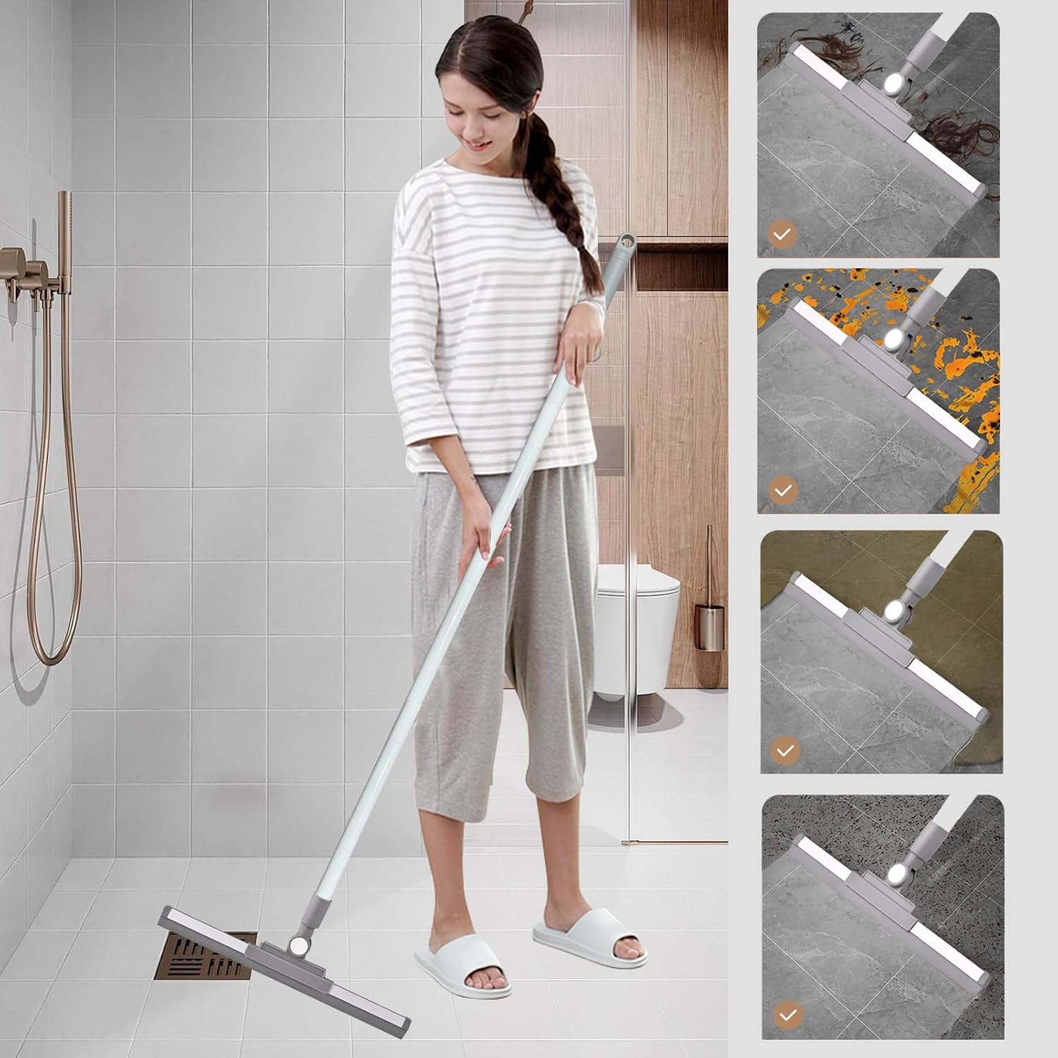 Squeegee Broom for Floor Shower Squeegee with Long Handle Rubber Wiper for Bathroom Tile Shower Glass Car Window Deck Patio Cleaning