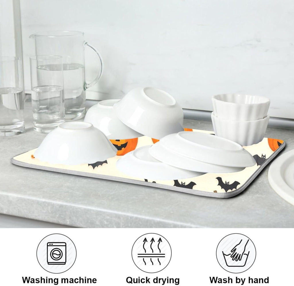 Halloween Black Bat Dish Drying Mat for Kitchen Countertop 16x18 Spooky Evil Pumpkin Lantern Small Drying Mat Reusable Quick Dry Dish Sink Mats Easy Clean Decorative Essentials