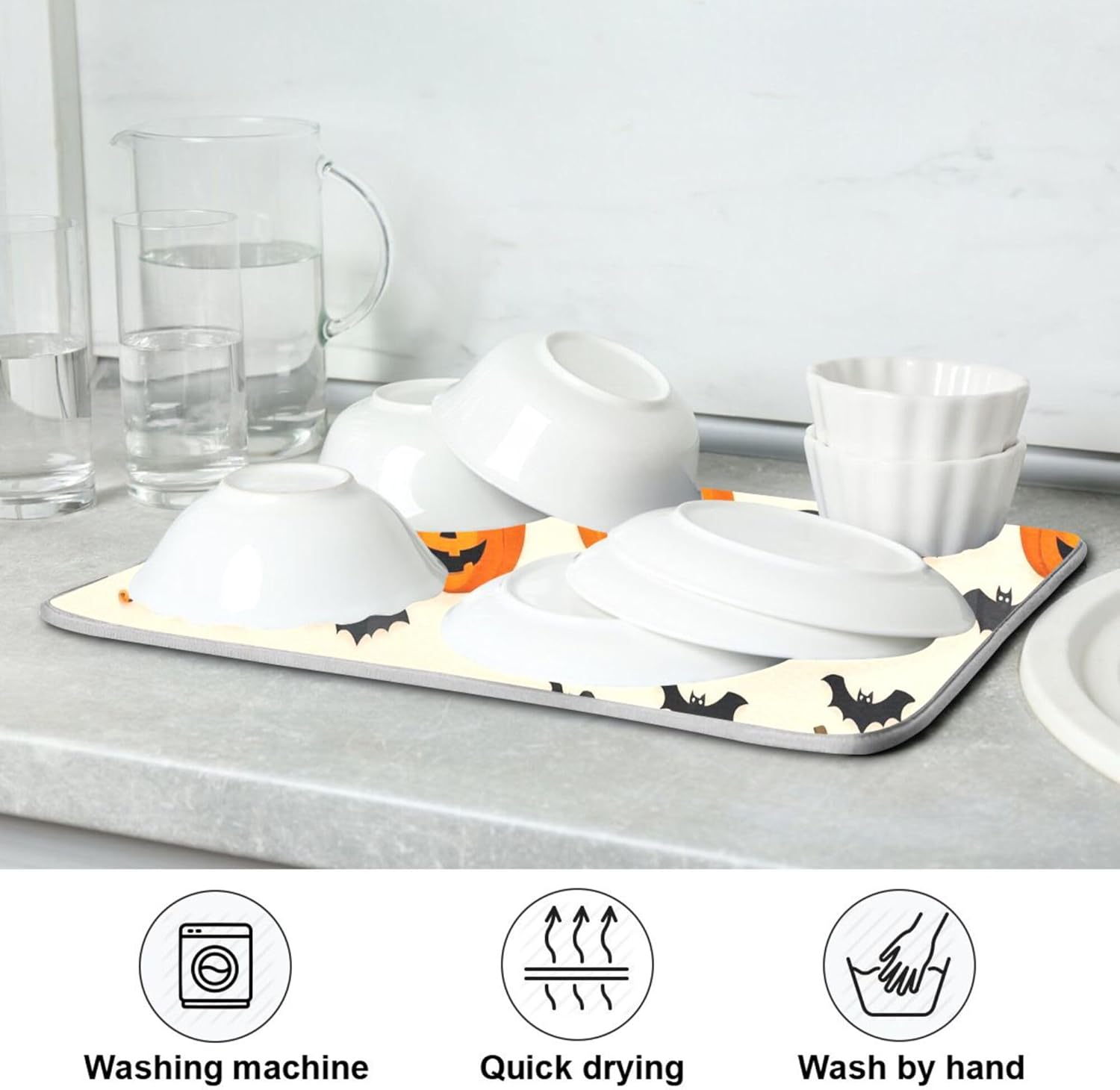 Halloween Black Bat Dish Drying Mat for Kitchen Countertop 16x18 Spooky Evil Pumpkin Lantern Small Drying Mat Reusable Quick Dry Dish Sink Mats Easy Clean Decorative Essentials