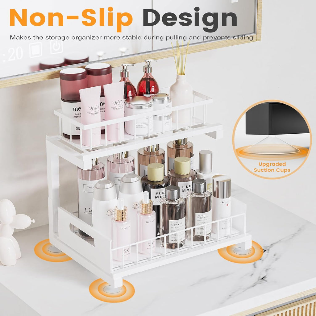 2 Pack Under Sink Organizer, 2-Tier Heavy Duty Metal Pull Out Cabinet Organizer Slide Out Sink Shelf Organizer Height Adustable, Multi-Purpose Storage Shelf for Kitchen Bathroom (White, 2 Pack)
