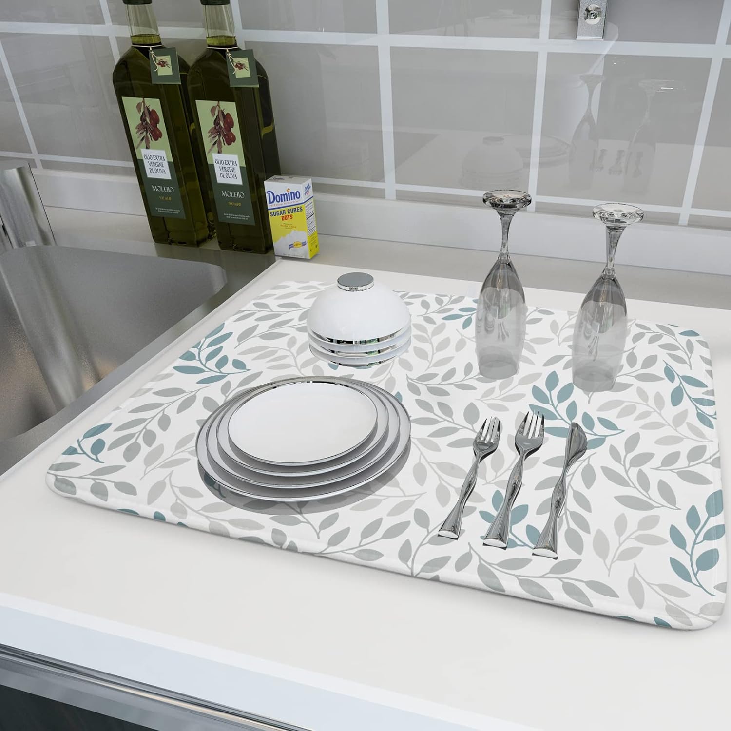 Leaves Branches Dish Drying Mat 18x24 for Kitchen Counter Decor Grey and Blue Leaf Absorbent Reversible Plant Dish Mat Microfiber Drying Pad Dish Drainer Rack Mats for Coffee Bar Home Decor