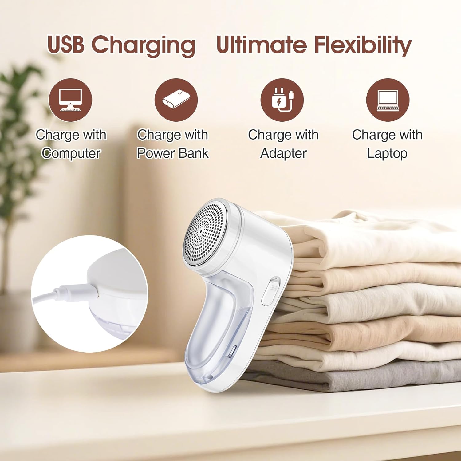 Electric Fabric Shaver, Lint Remover for Clothes, Rechargeable Sweater Shaver to Remove Fuzz and Pill for Sweater, Delicates, Bedding and Couch (White)