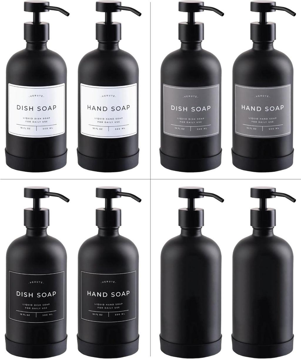 16oz Glass Soap Dispenser with Stainless Steel Pump, 21 Waterproof Labels, Non-Slip Protective Silicone Pad, Set of 2 for Bathroom & Kitchen (Matte Black Bottle/Black Pump)