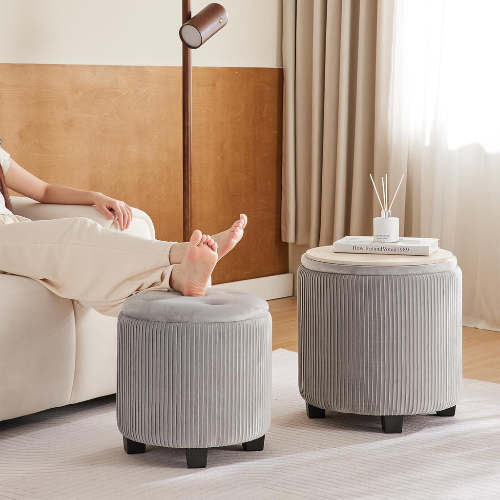Big Round Ottoman with Storage Set of 2,Upholstered Velvet Vanity Stool for Makeup Multifunctional Foot Rest Coffee Table Padded Seat Tufted Ottomans for Living Room&Bedroom (Grey)