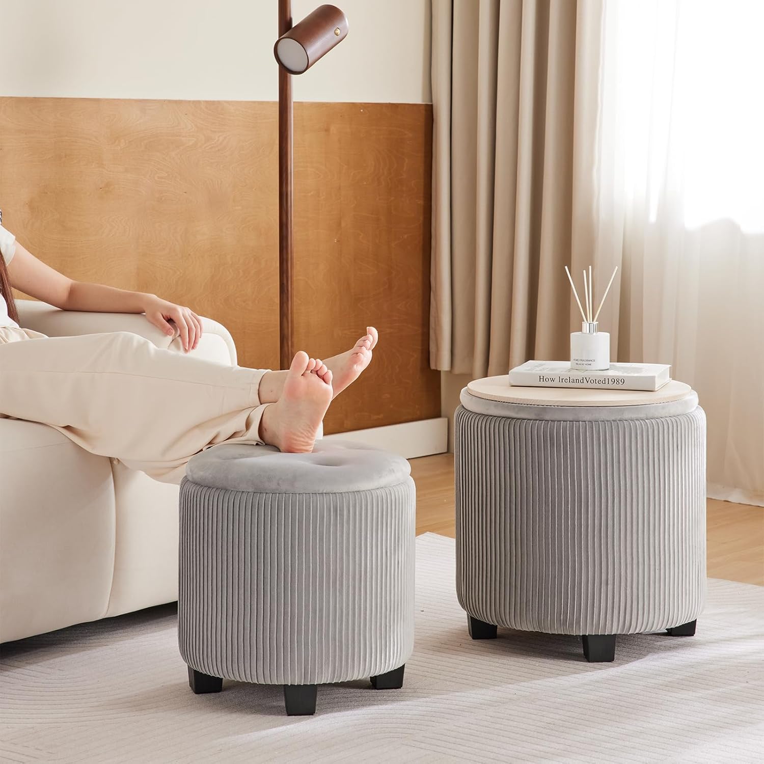 Big Round Ottoman with Storage Set of 2,Upholstered Velvet Vanity Stool for Makeup Multifunctional Foot Rest Coffee Table Padded Seat Tufted Ottomans for Living Room&Bedroom (Grey)