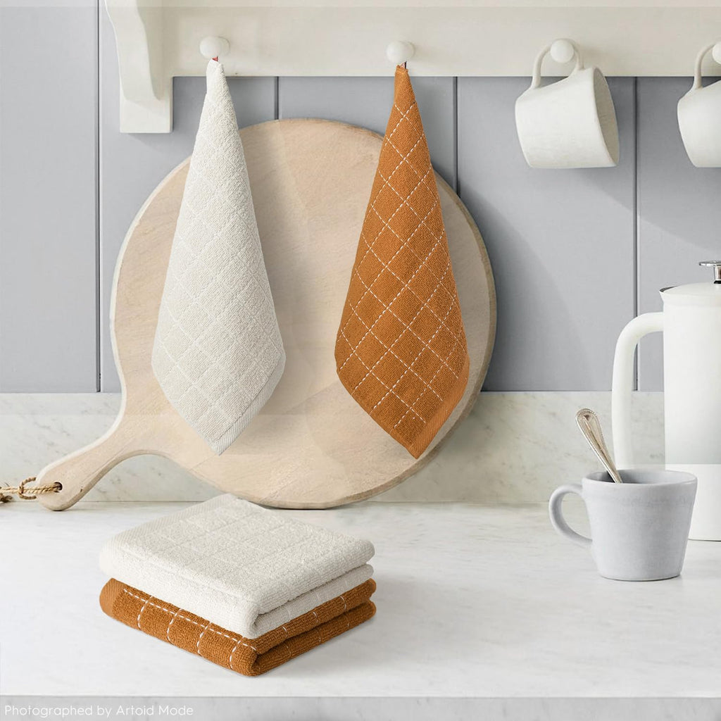 Artoid Mode Checkered Designed Cotton Beige Caramel Terry Kitchen Dish Cloths, 12x12 Inch Soft Absorbent Quick Drying Cleaning Kitchen Rags Set of 6