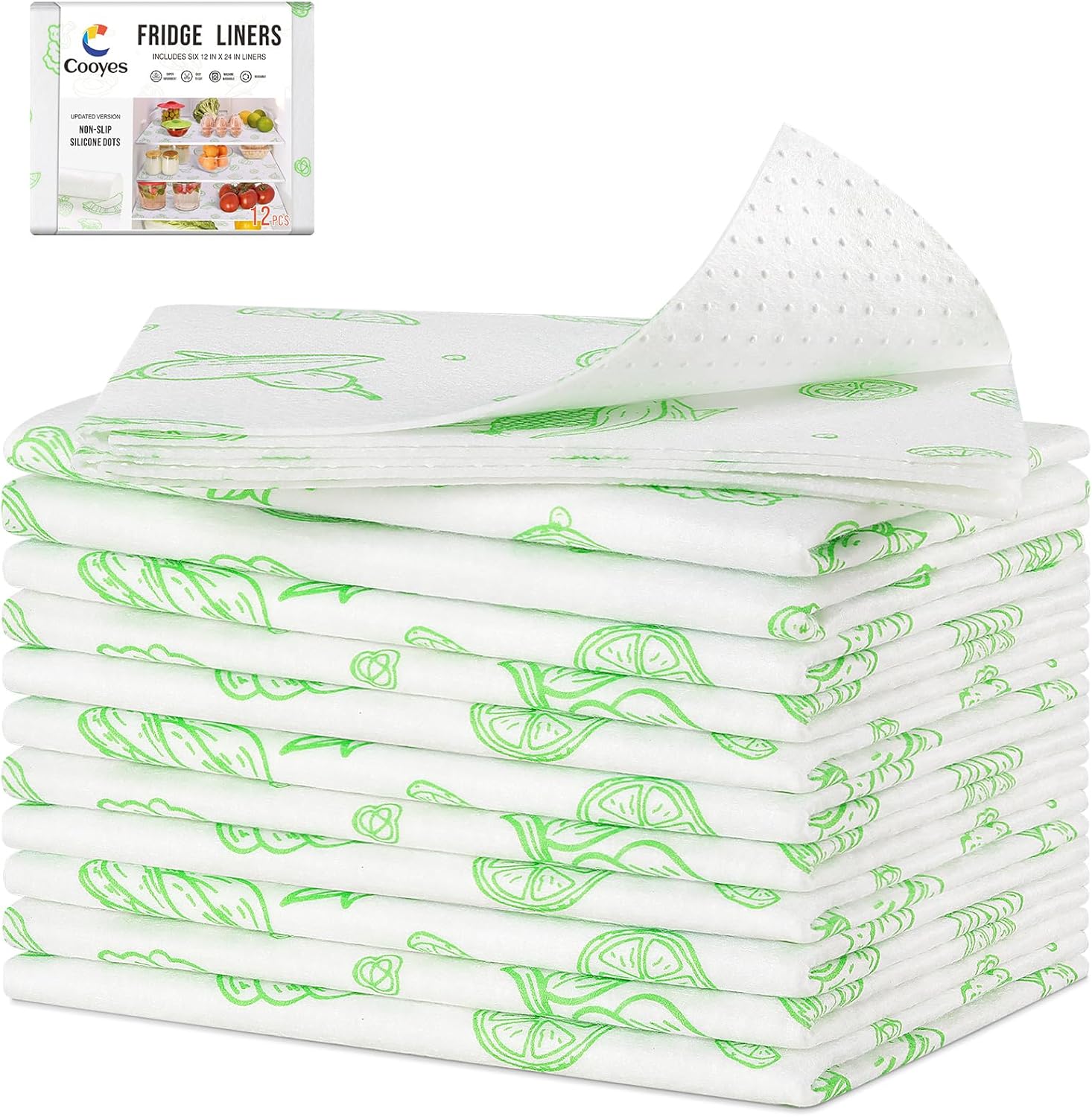Cooyes Refrigerator Liners 17.7" x 24", 12 Pack, Absorbent Non-Slip Washable Fridge Mats, Shelf Liner for Kitchen Cabinets Non-Adhesive, Green Veggie