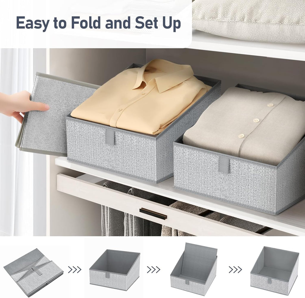 DIMJ Closet Storage Bins 10 Pack - Fabric Trapezoid Closet Organizer Bin, Foldable Storage Baskets for Shelves, Closet Shelf Organizer, Clothing Storage Box for Toys, Books, Towel, Clothes, Gray